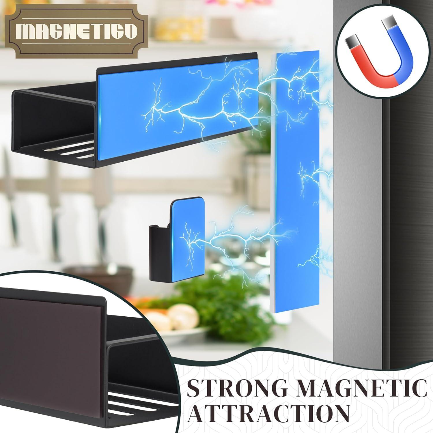 Magnetic Spice Rack for Refrigerator Magnetic Fridge Shelf for Kitchen Spice Organizer Magnetic Shelf for Fridge Space Saving Black 4 Pack with Magnetic Paper Towel Holder