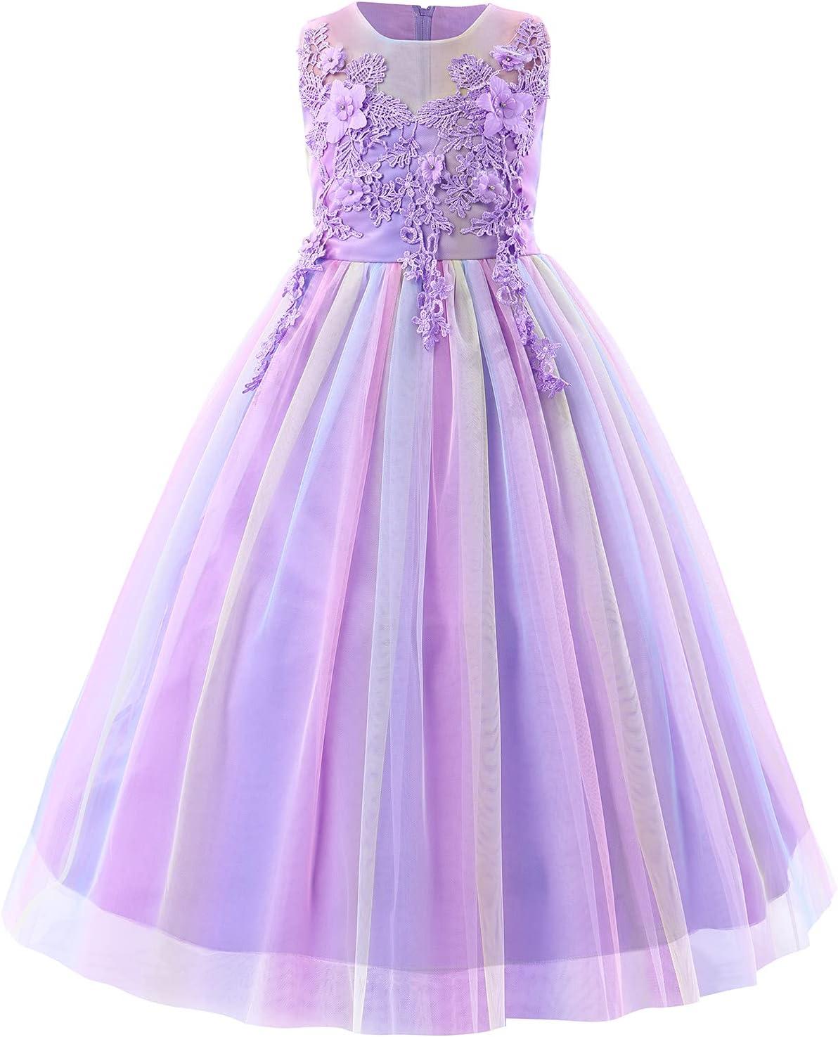 IBTOM CASTLE Vestidos de Desfile Bordados de Encaje Bohemio Floral de Princesa para Fiesta de Niños Boda Vestido Largo de Comunión Hinchado 11-12 Años Púrpura