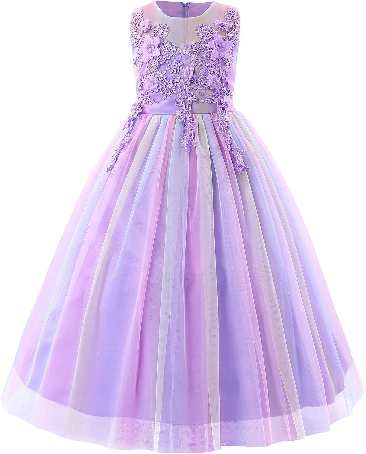 IBTOM CASTLE Vestidos de Desfile Bordados de Encaje Bohemio Floral de Princesa para Fiesta de Niños Boda Vestido Largo de Comunión Hinchado 11-12 Años Púrpura