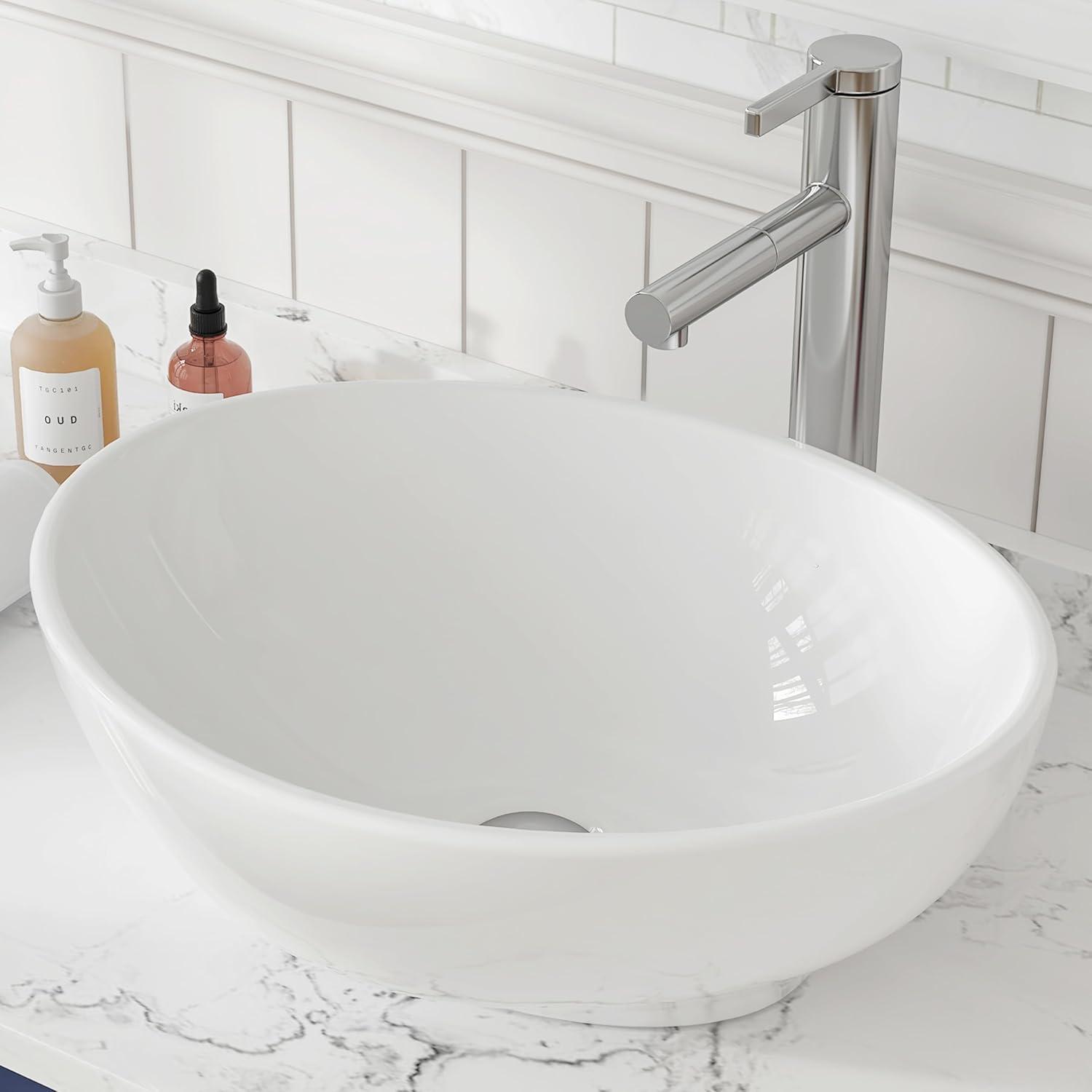 MEJE 16x13-inch Oval White Ceramic Vessel Sink,Modern Egg Shape Bowl, Above Counter Bathroom Vanity Sink