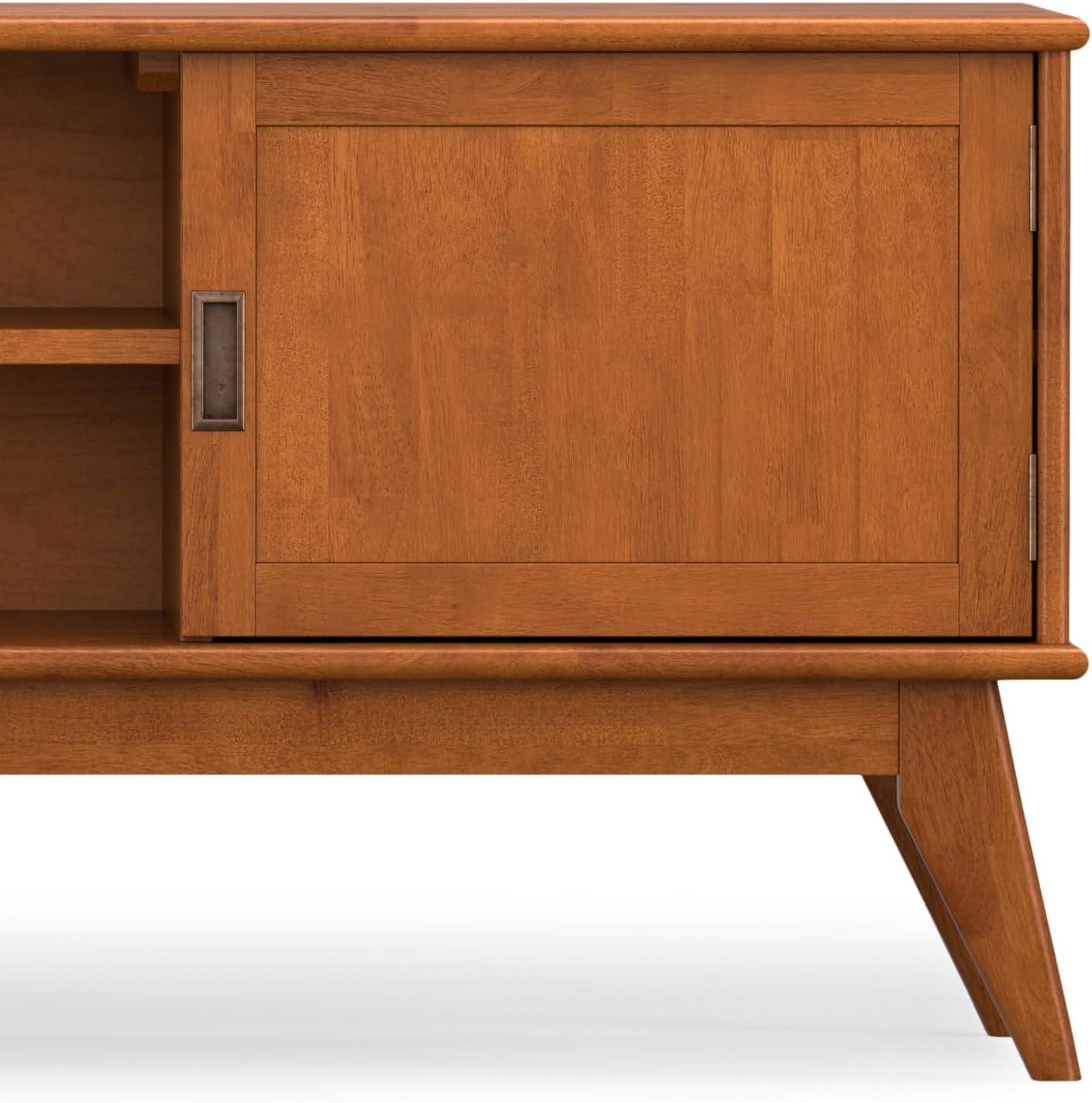 Simpli Home Draper 72"W Solid Hardwood Mid-Century Modern TV Stand for TVs up to 80" with Adjustable Shelves