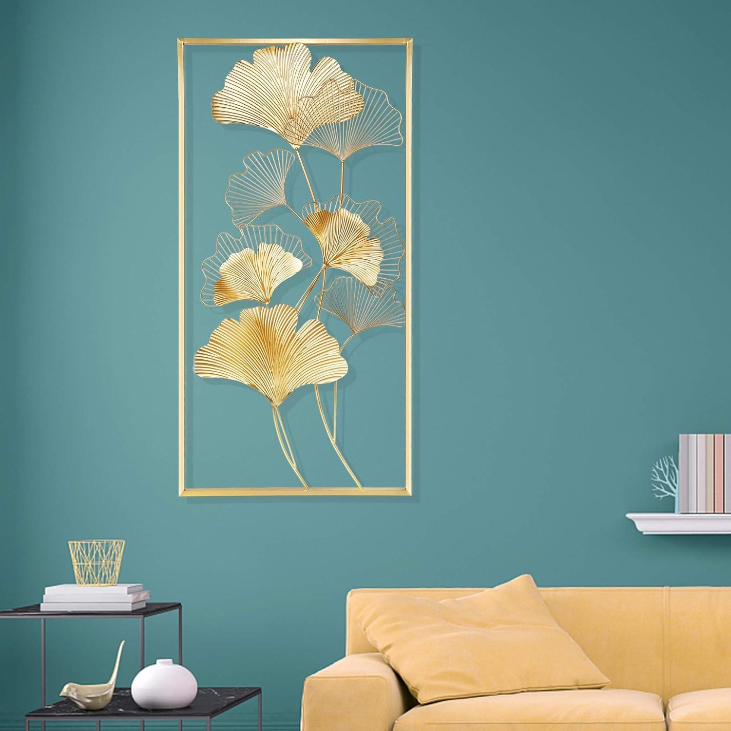 Rectangular Metal Wall Decor, Modern 39"X 20" Golden Ginkgo Leaves Metal Wall Decor with Frame Home