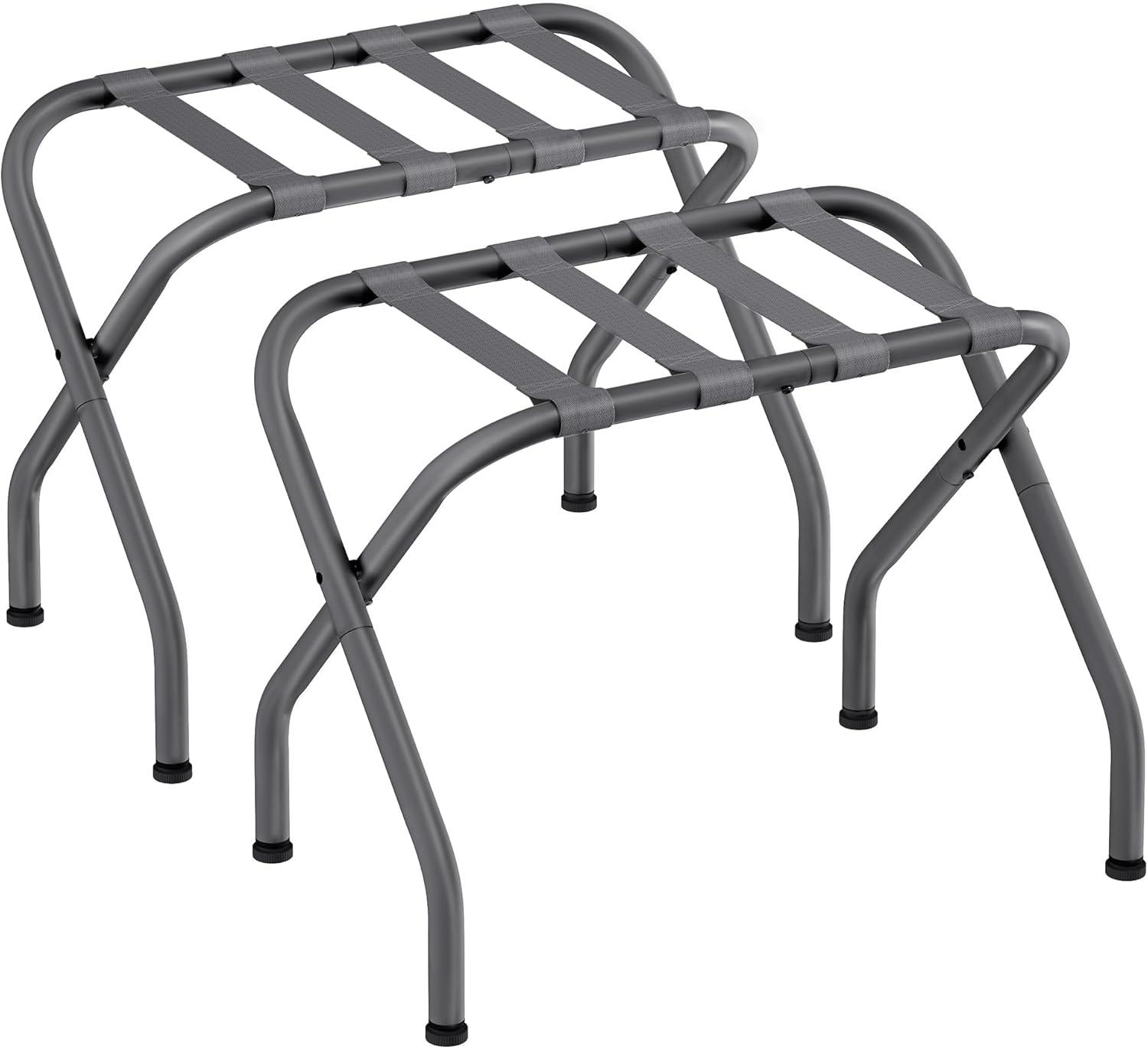 BINO 2-Pack Folding Luggage Rack Collapsible Metal Suitcase Stand With Durable Black Nylon Straps- For Bedroom, Guest Room, Or Hotel (Gray Steel)