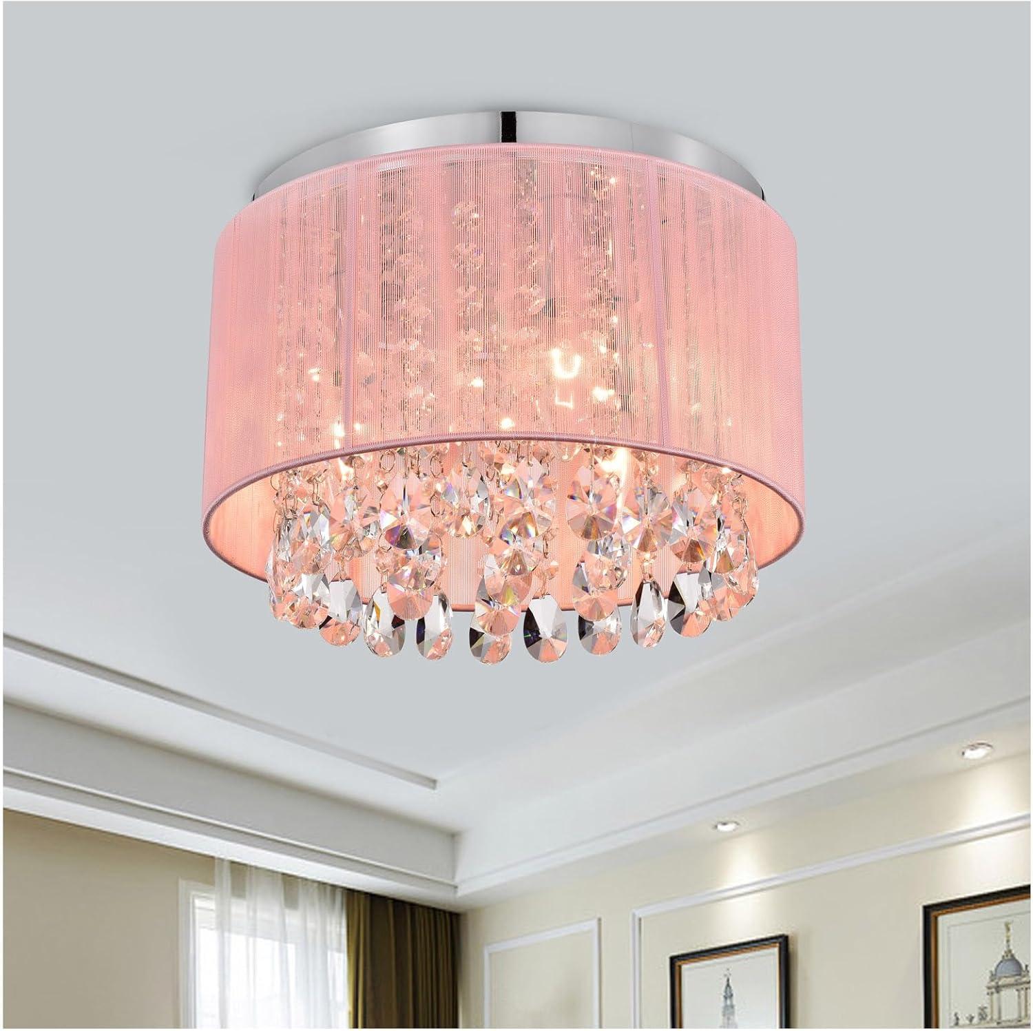Pink Chandelier Drum Flush Mount Chandelier Crystal Ceiling Light Fixture 3 Light Bedroom Chandelier
