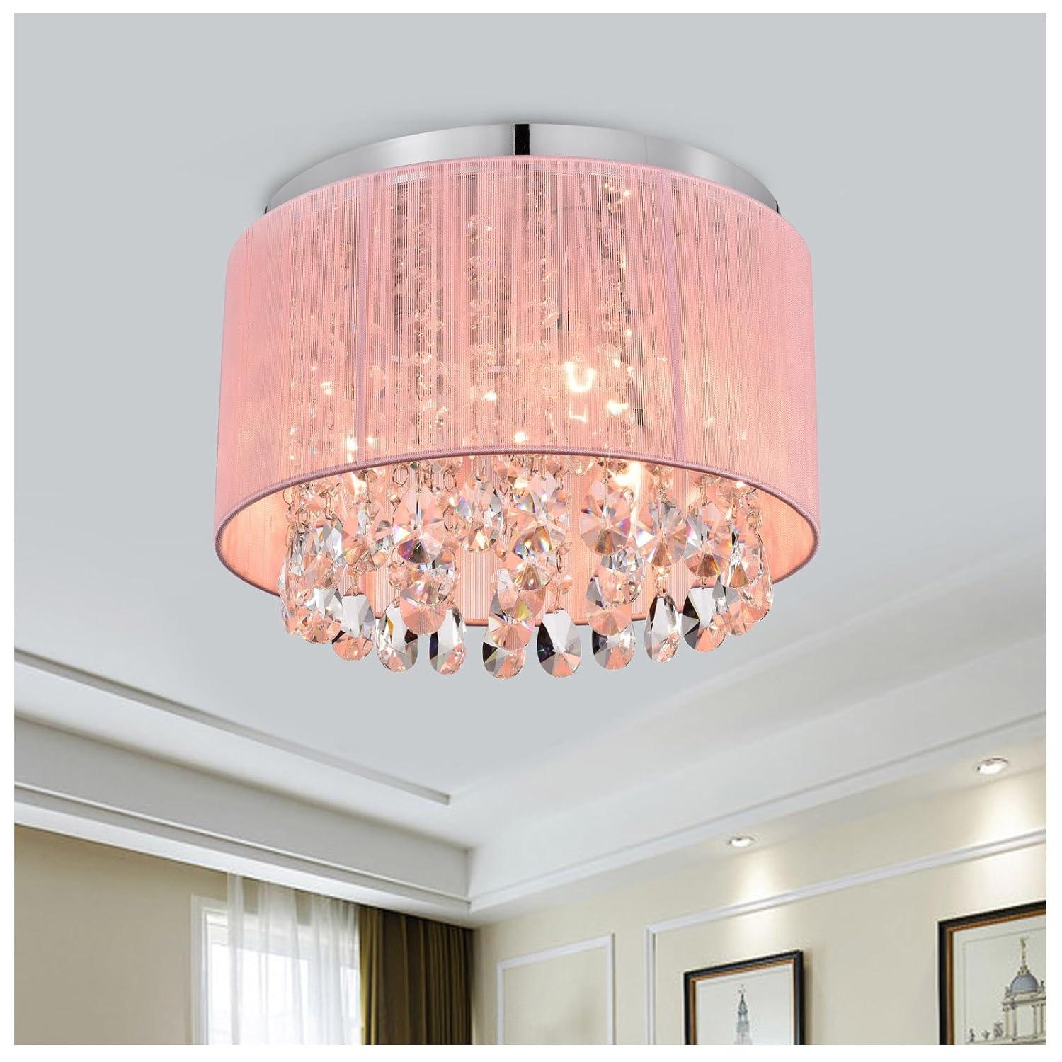 Pink Chandelier Drum Flush Mount Chandelier Crystal Ceiling Light Fixture 3 Light Bedroom Chandelier