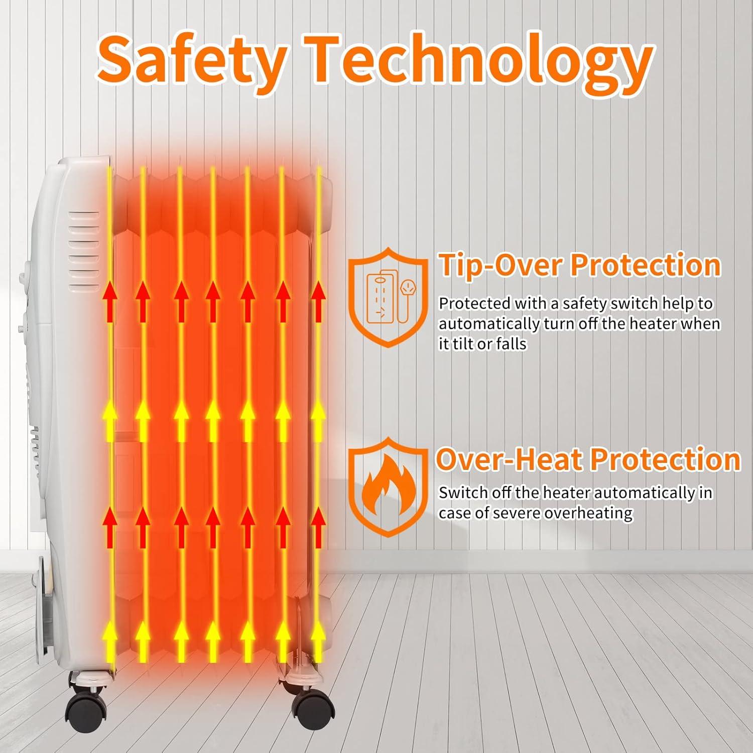 ZAFRO Oil Filled Radiator Heater, 1500W Portable Space Heater with Adjustable Thermostat, Oil Heater with 3 Heat Settings, with Tip-Over & Overheat Protection for Indoor, Room, Office and Home Grey