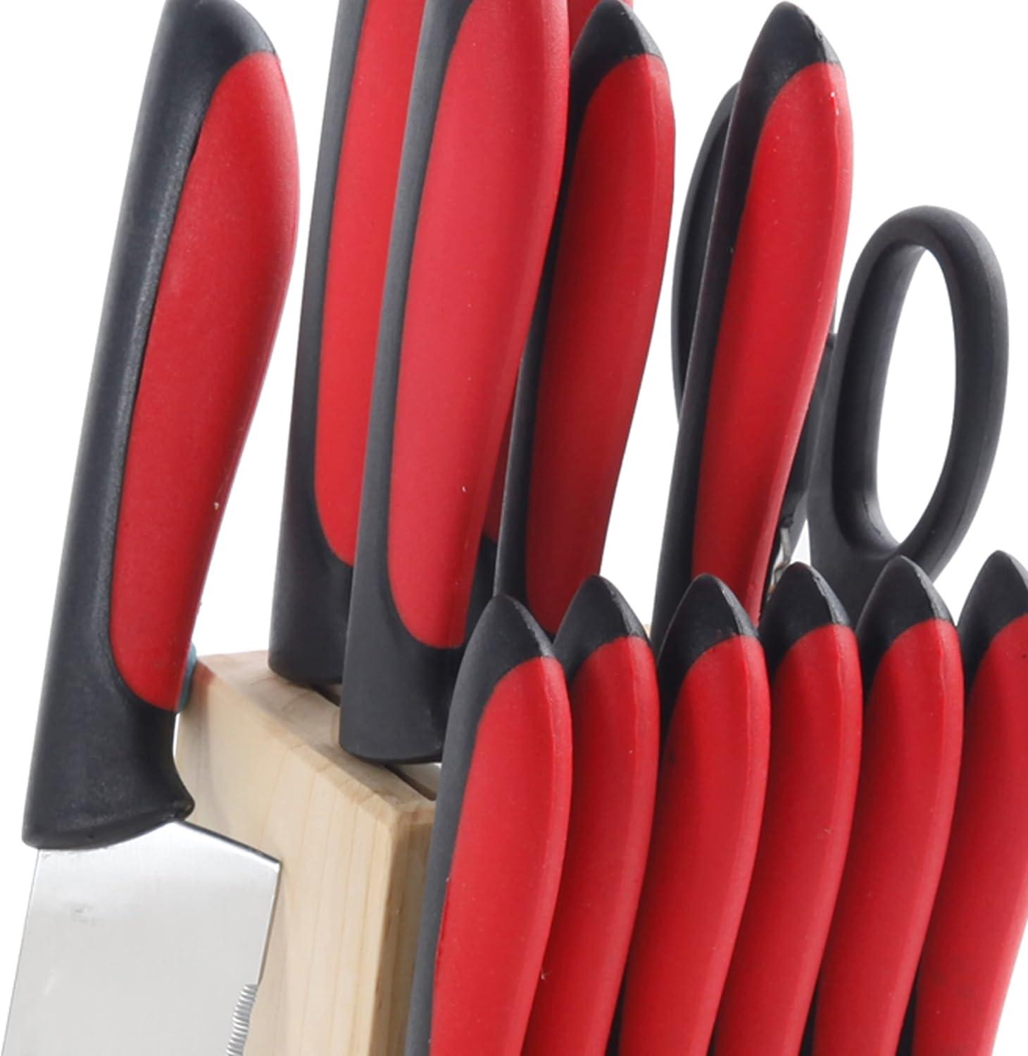 MegaChef 14-Piece Red and Black Stainless Steel Cutlery Set with Wood Block