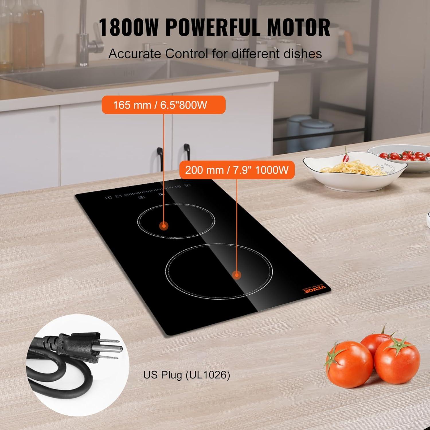 VEVOR 20" Black Electric 2 Burner Cooktop with Dual Size Power Burner