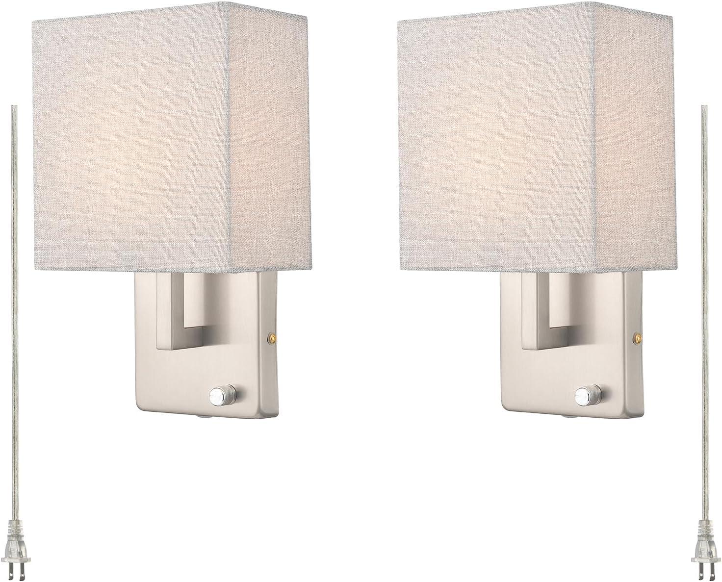 Claxy Brushed Nickel Plug in Wall Sconce with Square Fabric Shade and Switch Set of 2
