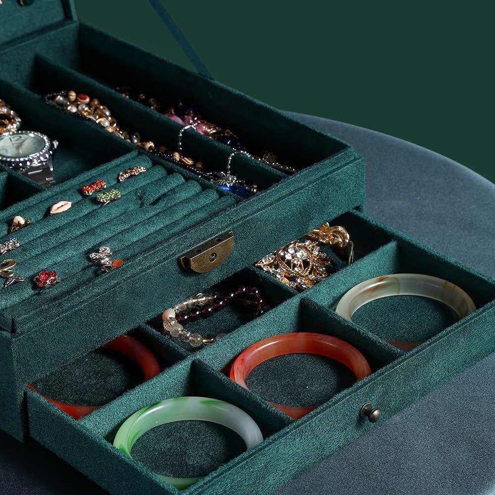 Women Jewelry Box Lockable 3 Layers Large Jewelry Organizer Storage Case for Earrings Necklaces Rings Bracelets,Green Display Jewel Holder (Green)