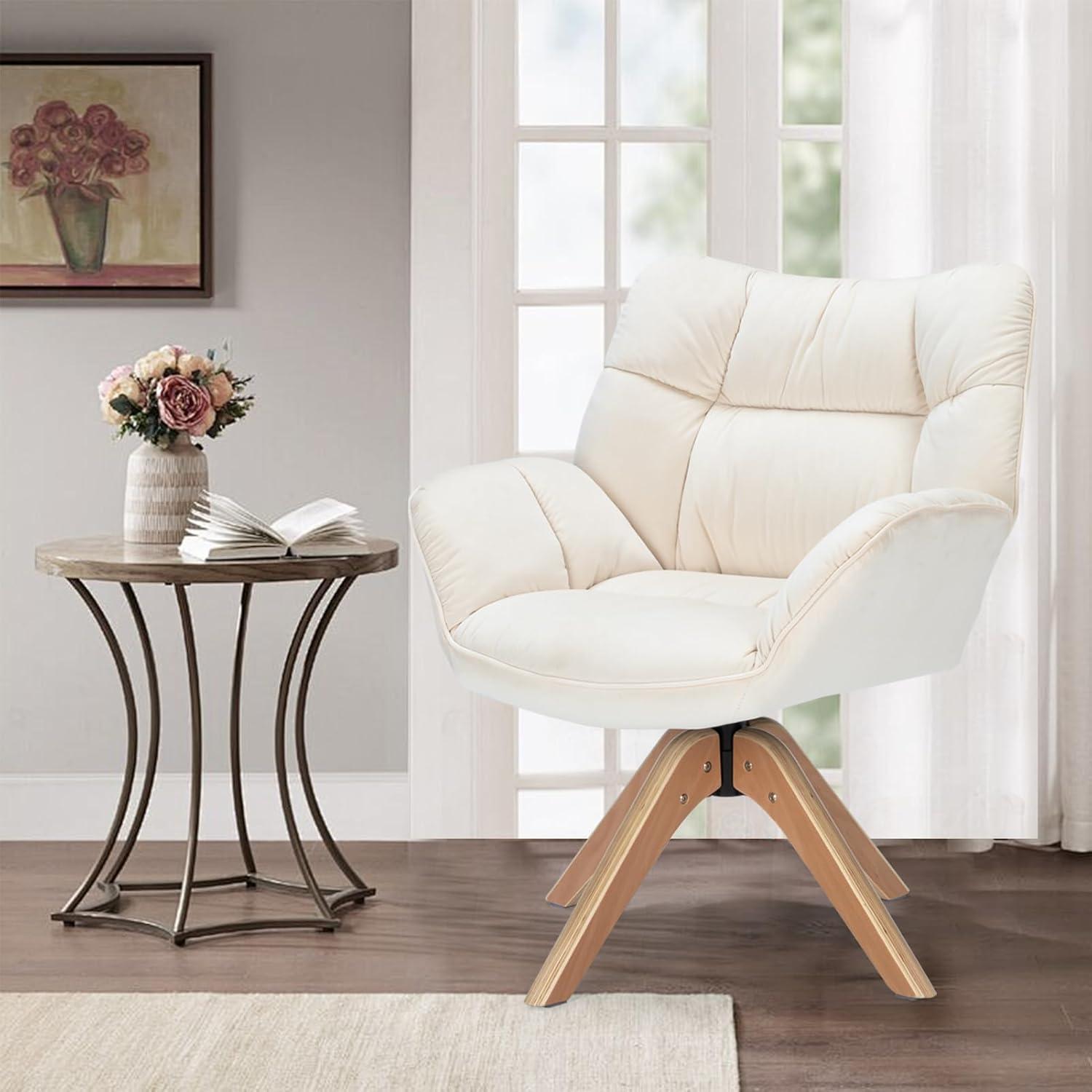 Beige Upholstered Accent Chair with Wood Legs