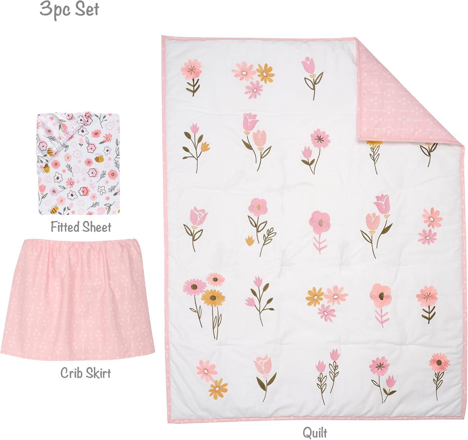 Lambs & Ivy Little Garden 3-Piece Embroidered Floral Baby Crib Bedding Set