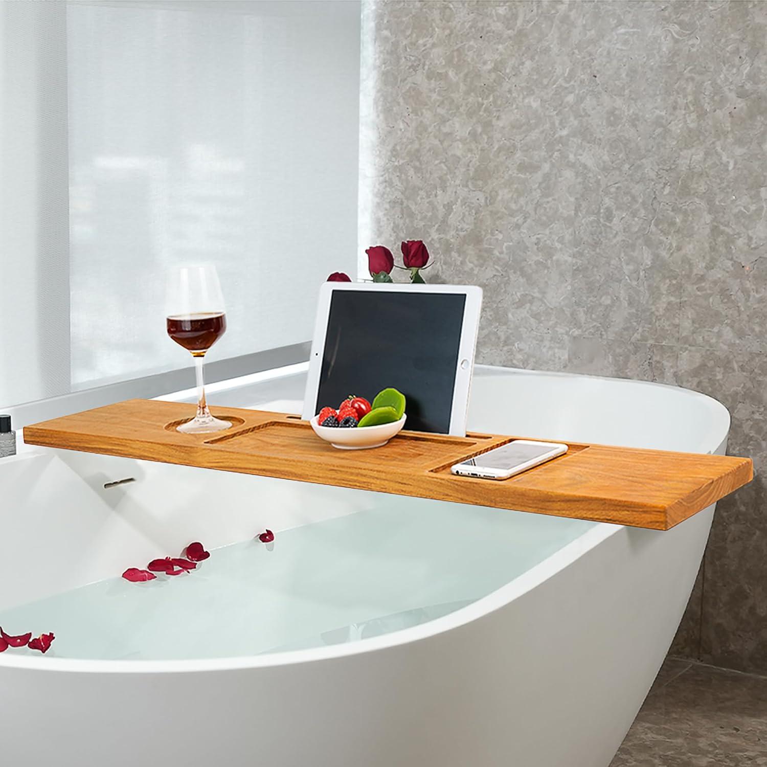 Rebrilliant Teak Bathtub Tray Table, Wooden Bath Board For Tub With Wine And Ipad Holder