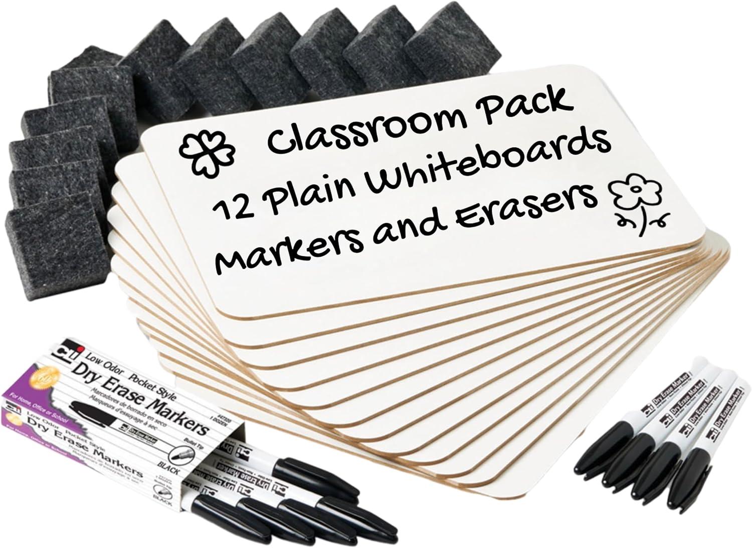 Charles Leonard Dry Erase Lapboard Class Pack, Plain 1-Sided Boards, Markers & Erasers, Pack of 12