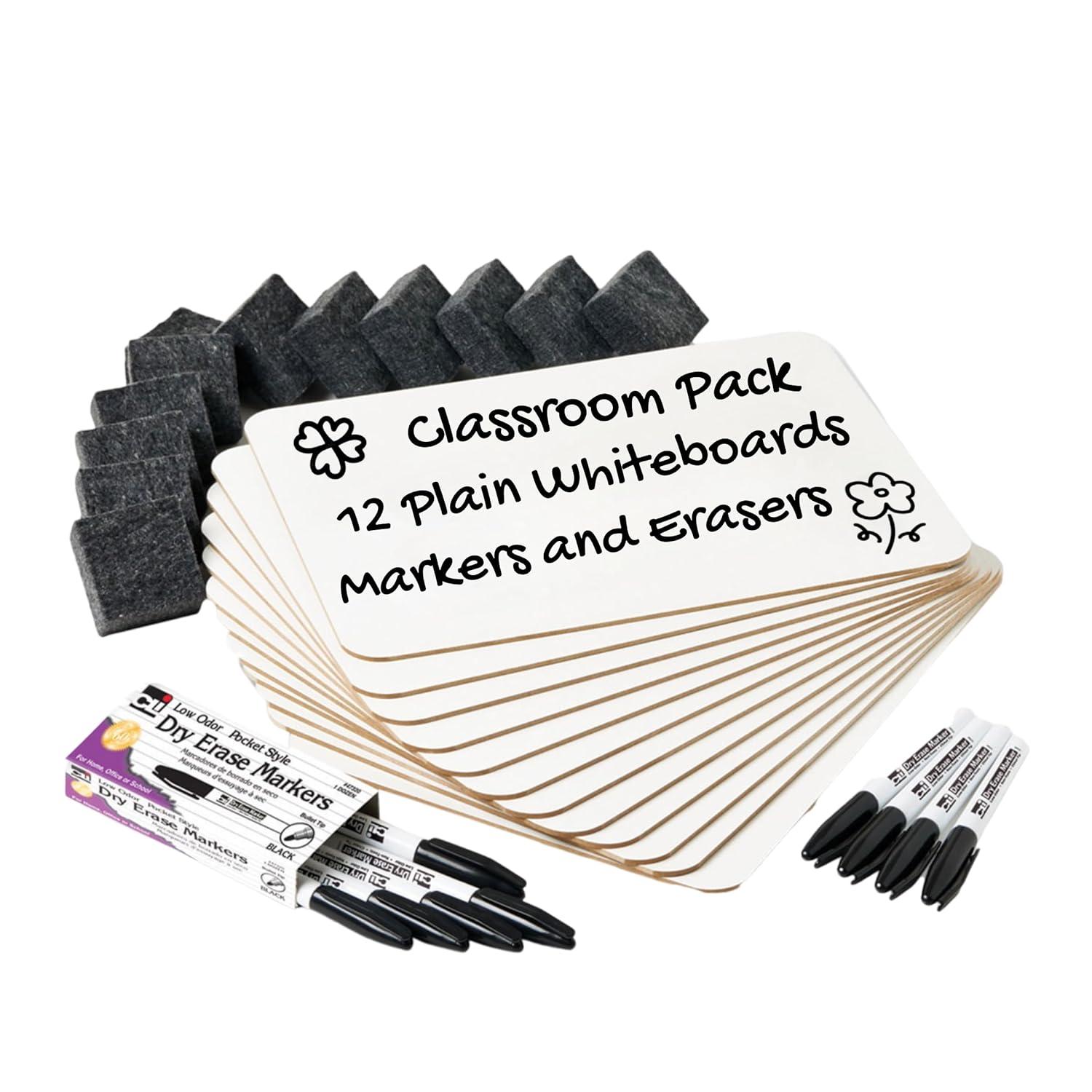 Charles Leonard Dry Erase Lapboard Class Pack, Plain 1-Sided Boards, Markers & Erasers, Pack of 12