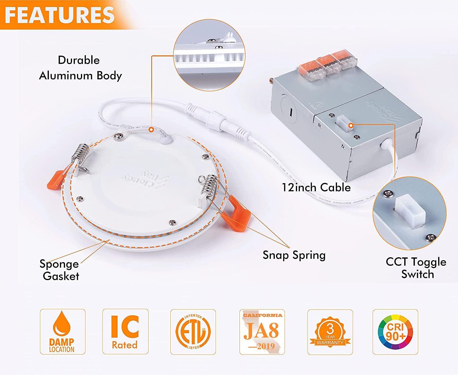 PARMIDA (6 Pack) 4 Inch Ultra-Thin LED Recessed Ceiling Light with Junction Box, 5CCT Color Selectable 2700K/3000K/3500K/4000K/5000K, 12W, Dimmable Canless Wafer Slim Panel Downlight, IC Rated, ETL