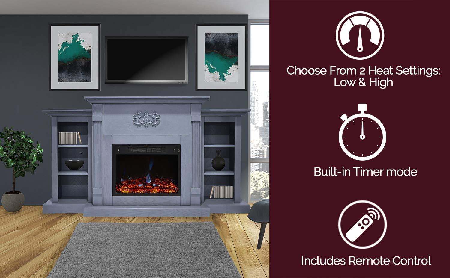 Sanoma 72'' Slate Blue Electric Fireplace with Charred Log Insert and Bookshelves