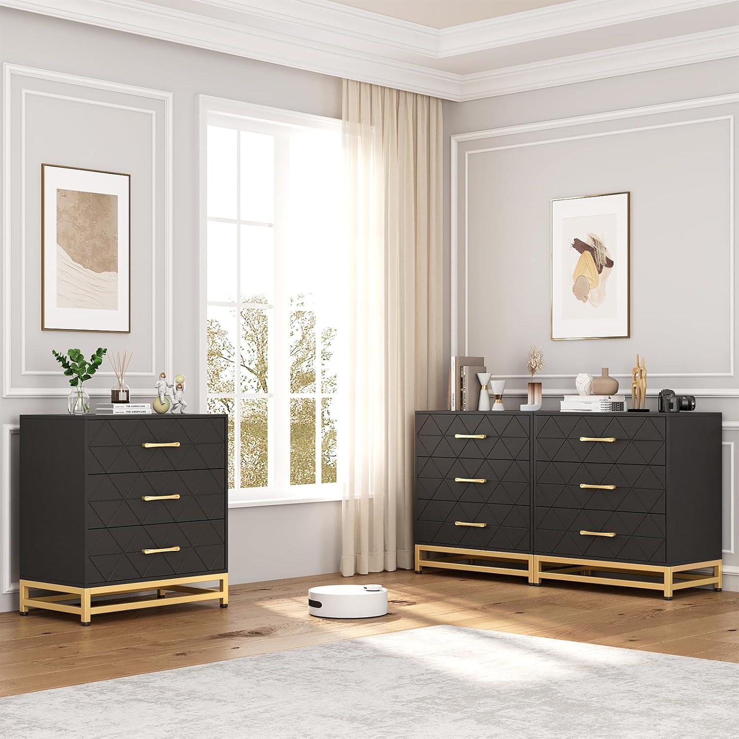 Black 3-Drawer Dresser with Gold Handles and Metal Legs