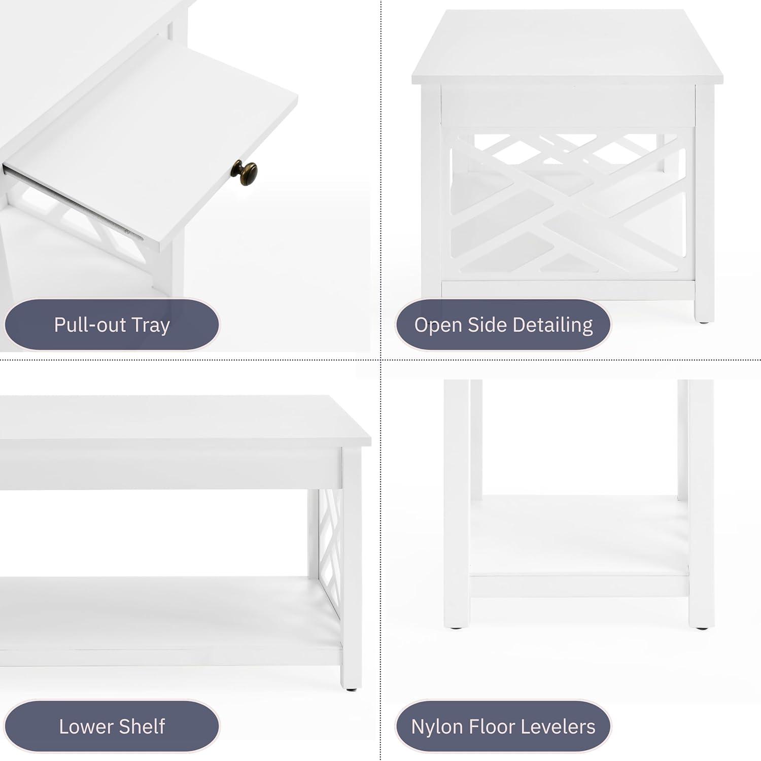 36" Middlebury Coffee Table and End Table with Tray White - Alaterre Furniture: Pull-Out Tray, 2-Piece Set