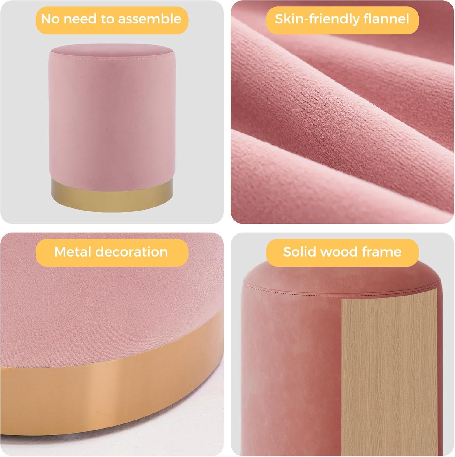 Velvet Fabric Upholstered Padded Round Pouf Ottoman, Pink