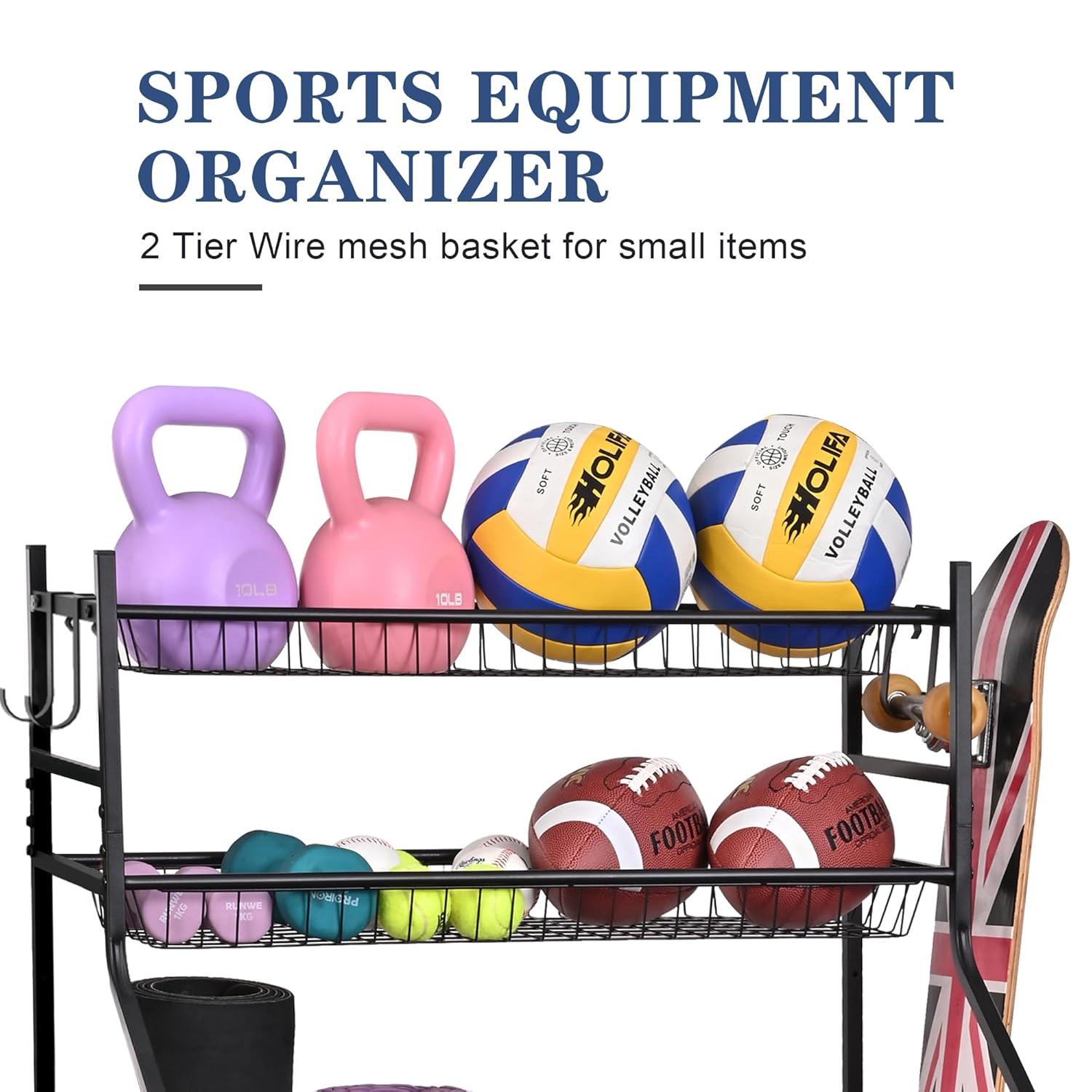 Mythinglogic Garage Storage System, Garage Organizer with Baskets and Hooks, Sports Equipment Organizer for Sports Gear/Toys,Garage Ball Storage