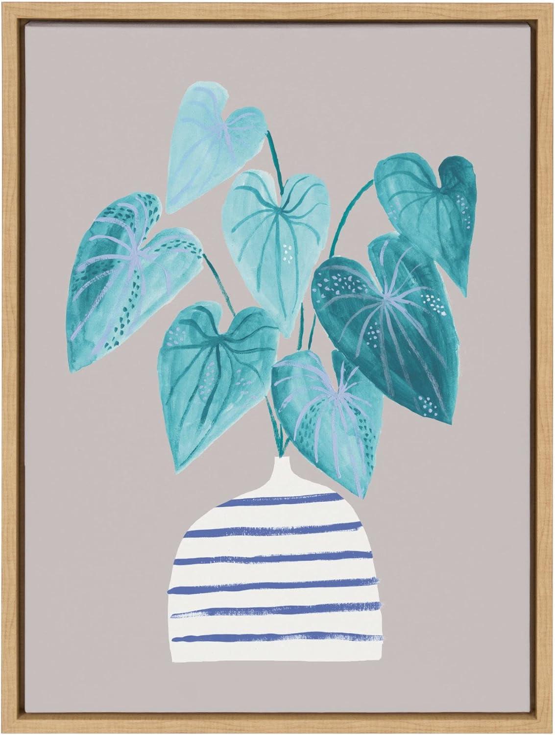 18" x 24" Sylvie Minimal Houseplant in Stripey Vase Gray Framed Wall Canvas - Kate & Laurel All Things Decor