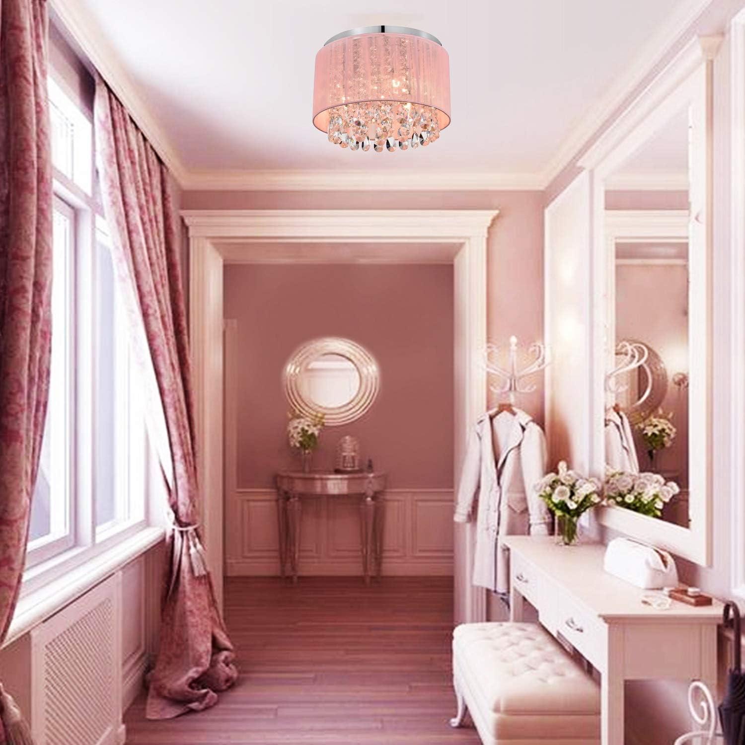 Pink Chandelier Drum Flush Mount Chandelier Crystal Ceiling Light Fixture 3 Light Bedroom Chandelier