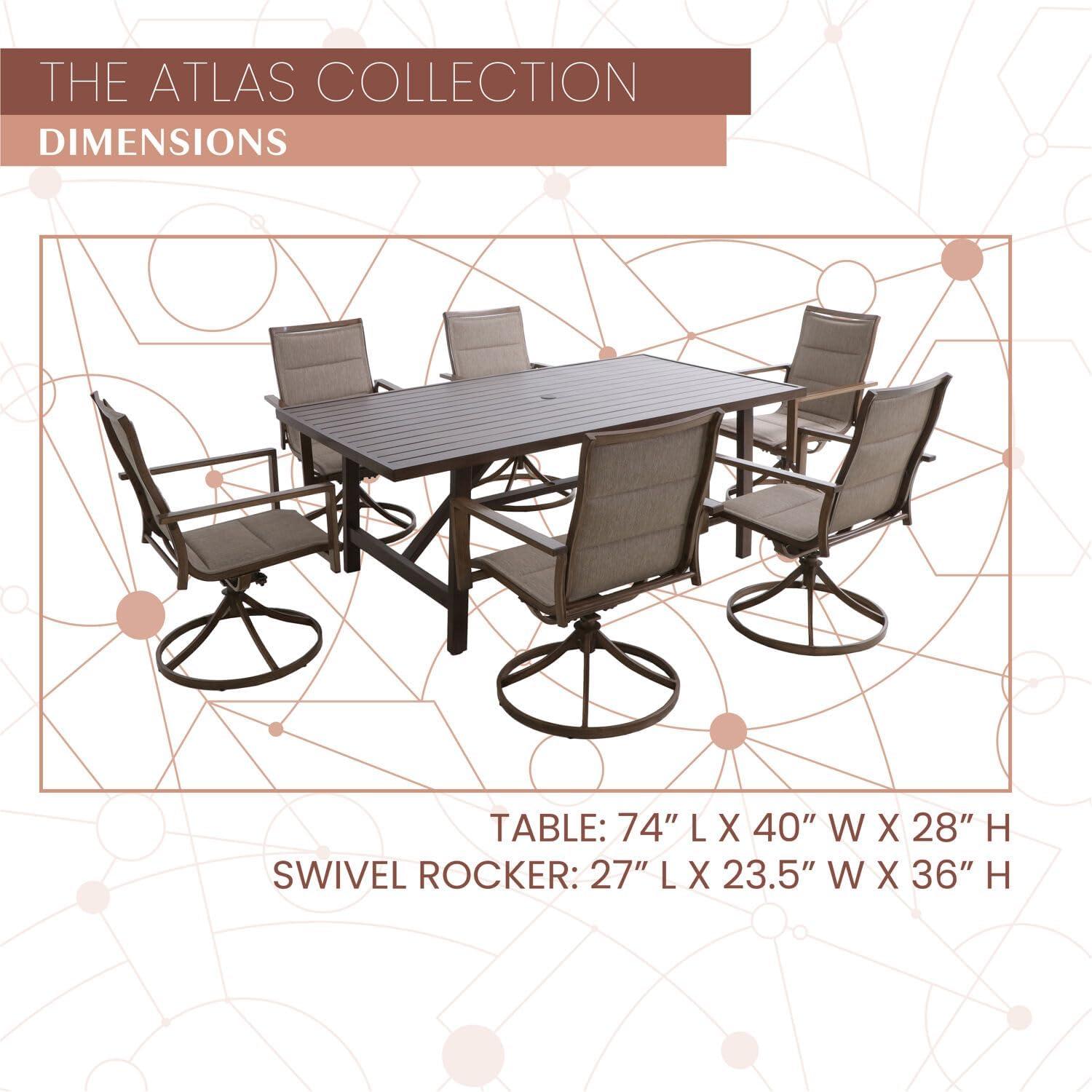 Mod Furniture Atlas 7-Piece Modern Outdoor Dining Set with 6 Swivel Padded Sling Chairs and Trestle Style Table, ATLASDN7PCSW6-TAN