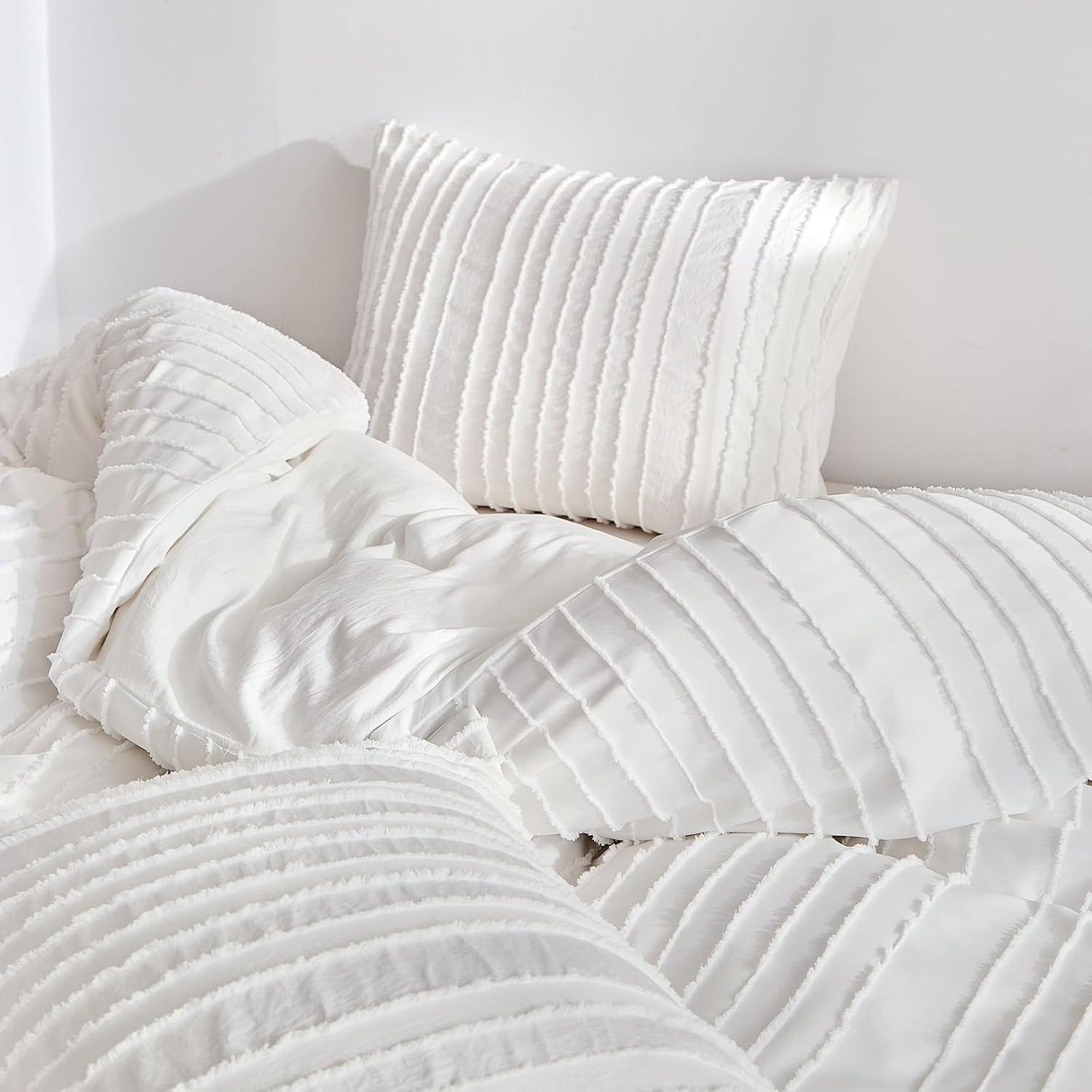 White Striped Tufted Microfiber Queen Duvet Cover Set