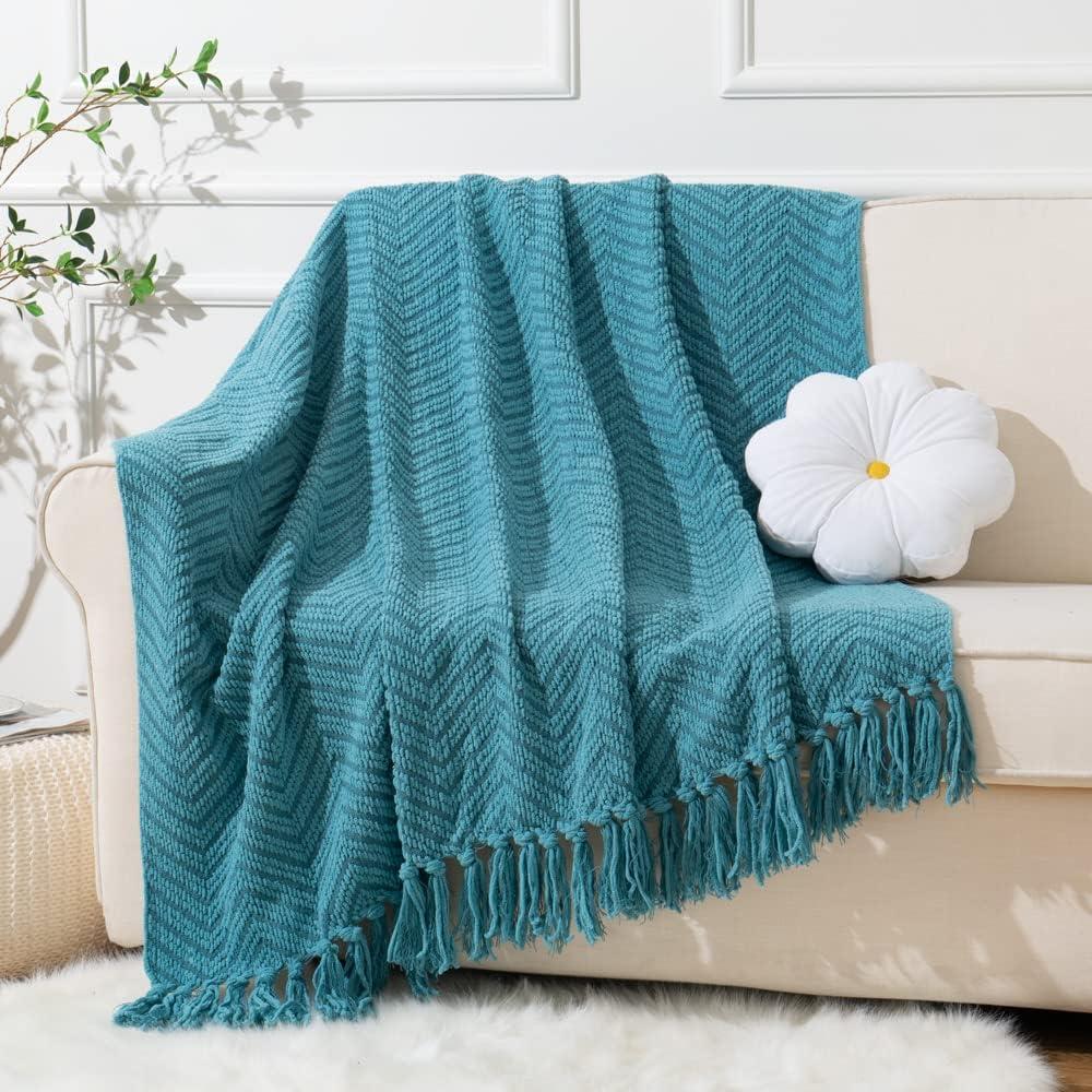 Teal Knitted Zig-Zag Throw Blanket with Tassels, 50"x60"