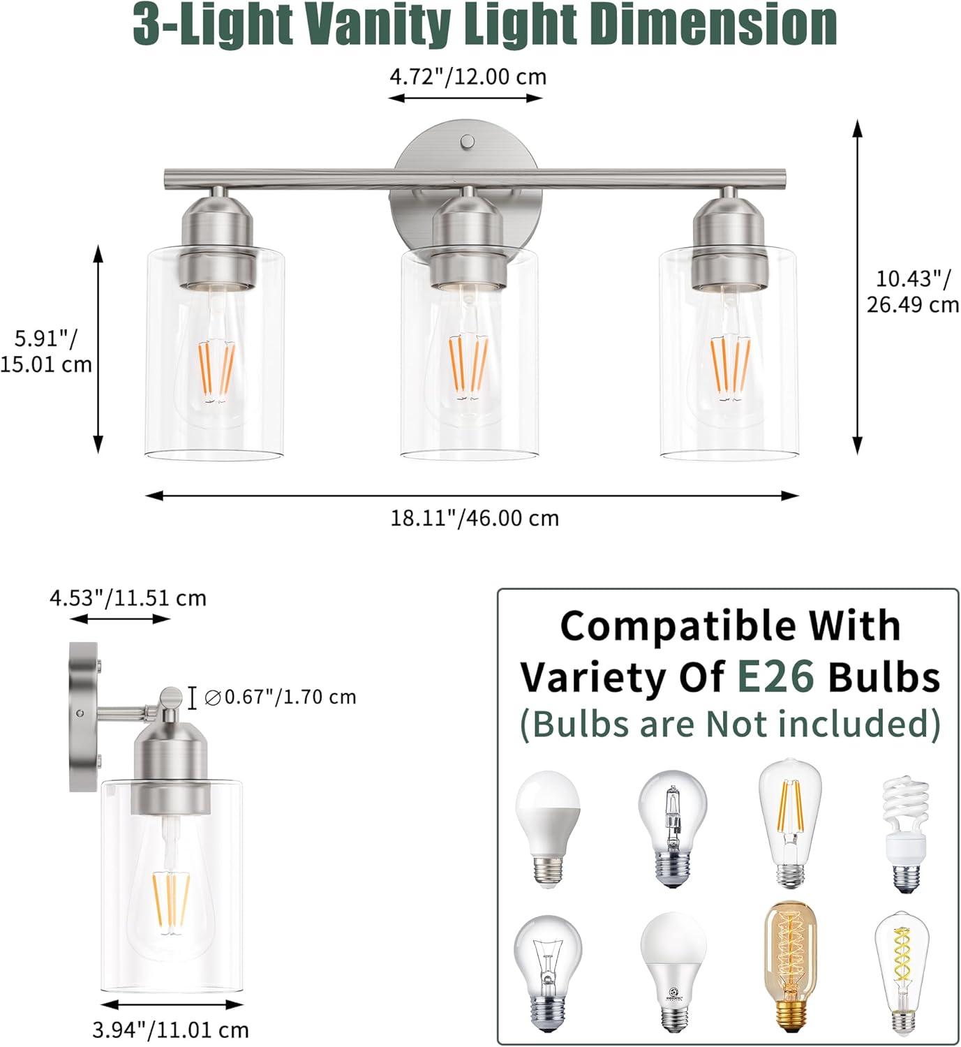 Vanity Wall Light Fixtures, Modern 3 Lights Wall Sconce with Clear Glass Shade, Brushed Nickel Farmhouse Wall Lamp for Bathroom Mirror Kitchen Porch Living Room Workshop (E26 Base)