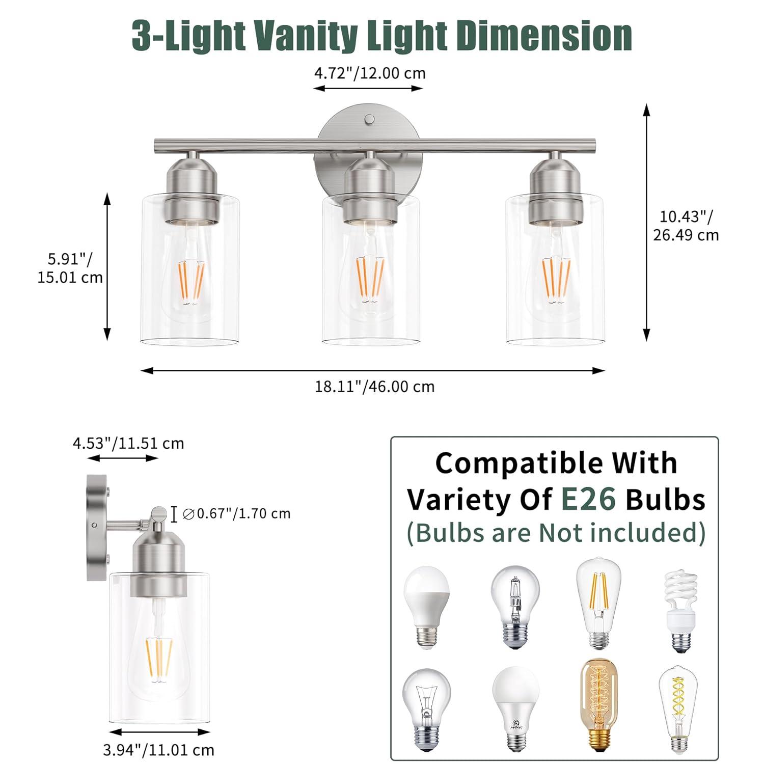 Vanity Wall Light Fixtures, Modern 3 Lights Wall Sconce with Clear Glass Shade, Brushed Nickel Farmhouse Wall Lamp for Bathroom Mirror Kitchen Porch Living Room Workshop (E26 Base)