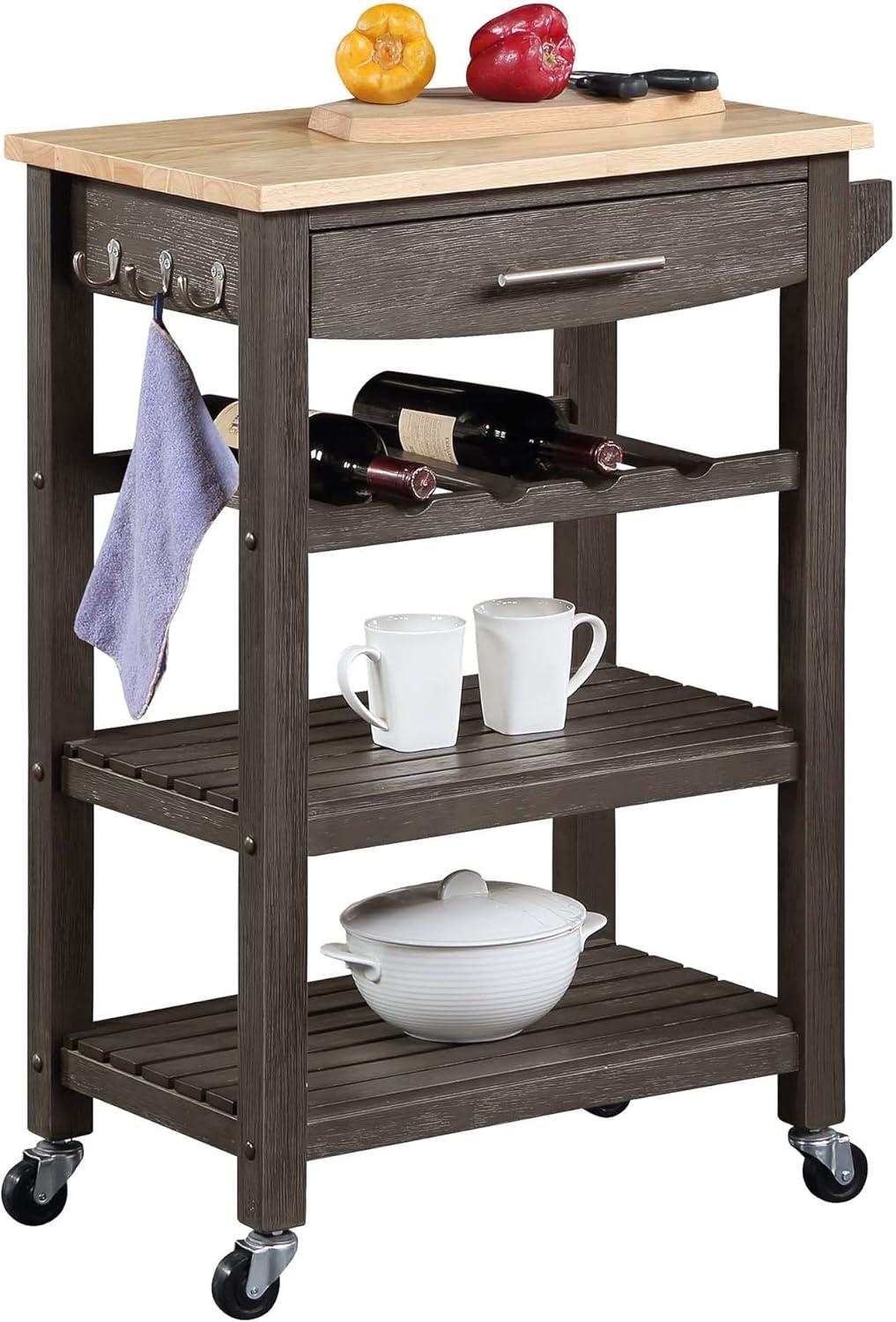 Ellaine 4 Tier Butcher Block Kitchen Cart with Drawer and Wine Rack, Wirebrush Dark Gray/Butcher Block