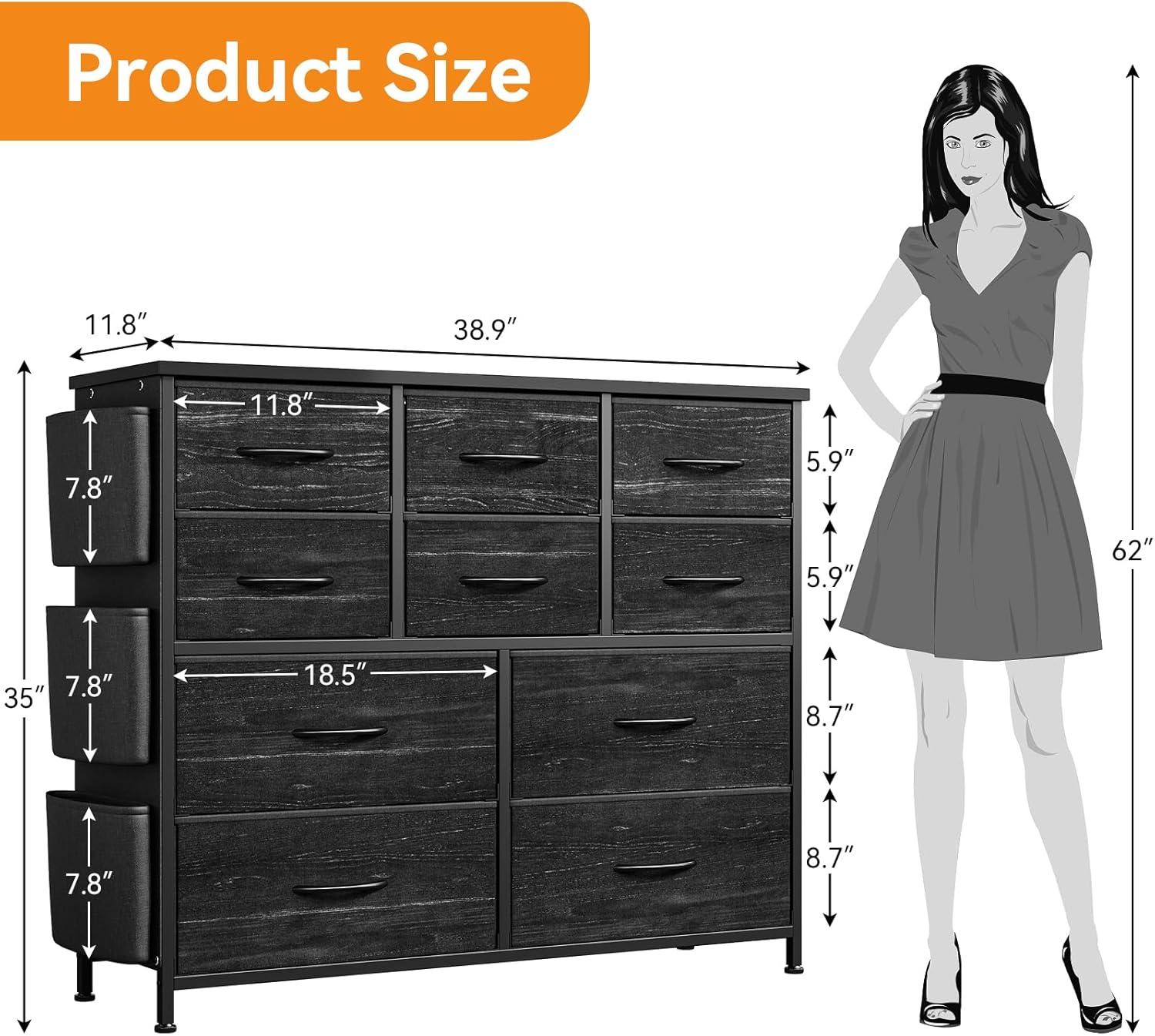 Dresser for Bedroom with 10 Drawers, Dressers & Chest of Drawers, Long Fabric Storage Drawer with Wood Tabletop for Kids Room, Closet, Hallway, Entryway (Graphite Gray)