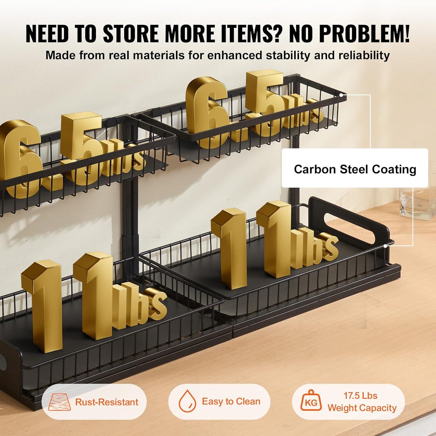 VEVOR 2 Tier Pull Out Cabinet Organizer(10.7"W x 14.2"D ), Under Sink Organizer and Storage, Slide Out Drawer Cabinet Organizer, Wire Basket Sliding Shelf for Kitchen Bathroom Cabinet, Black (2 Pack)