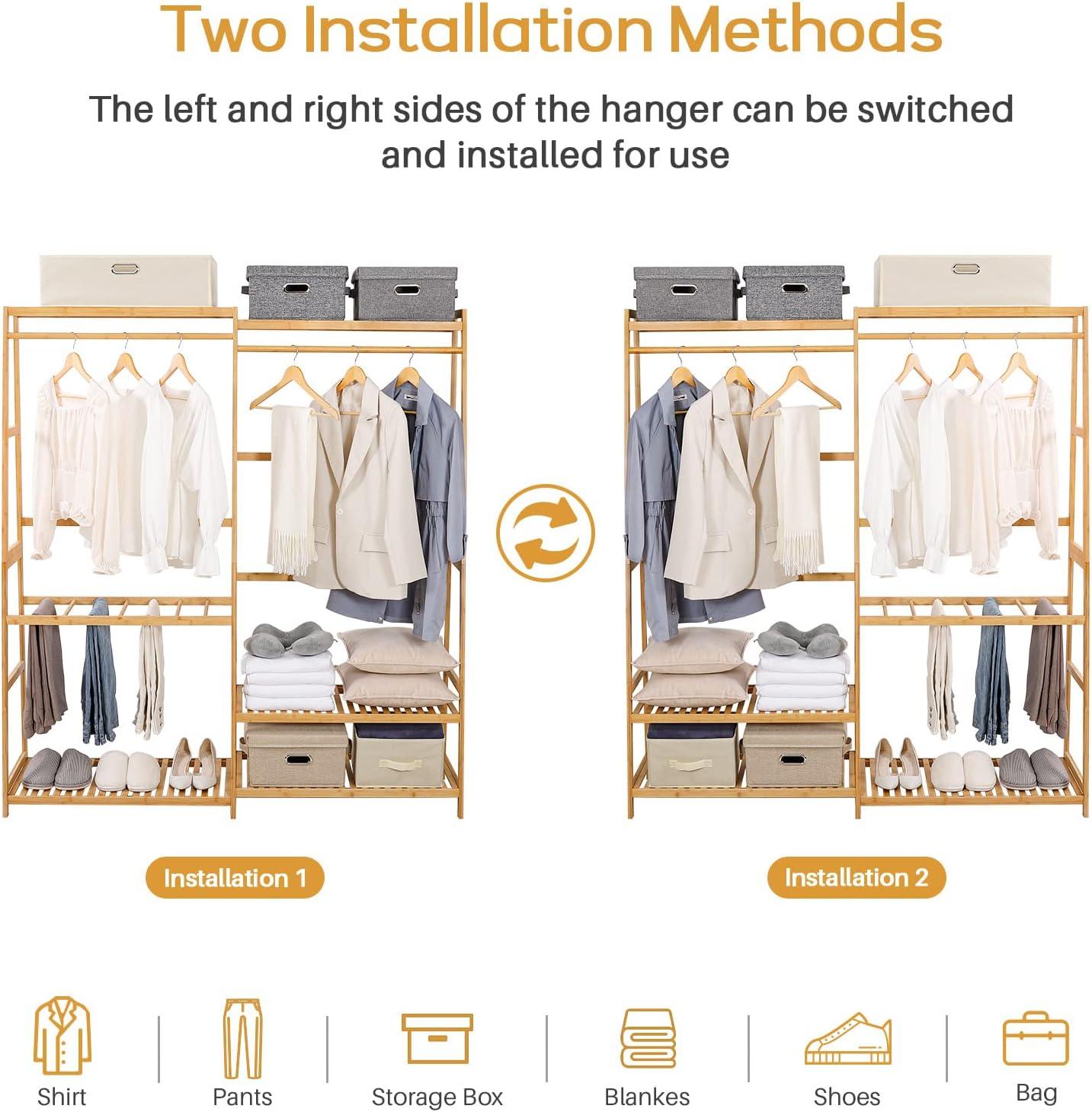 TELOVIN Bamboo Clothes Rack Heavy Duty Garment Racks For Hanging Clothes, Max Load 440Lbs, Freestanding Clothing Rack Closet With 6 Shelves