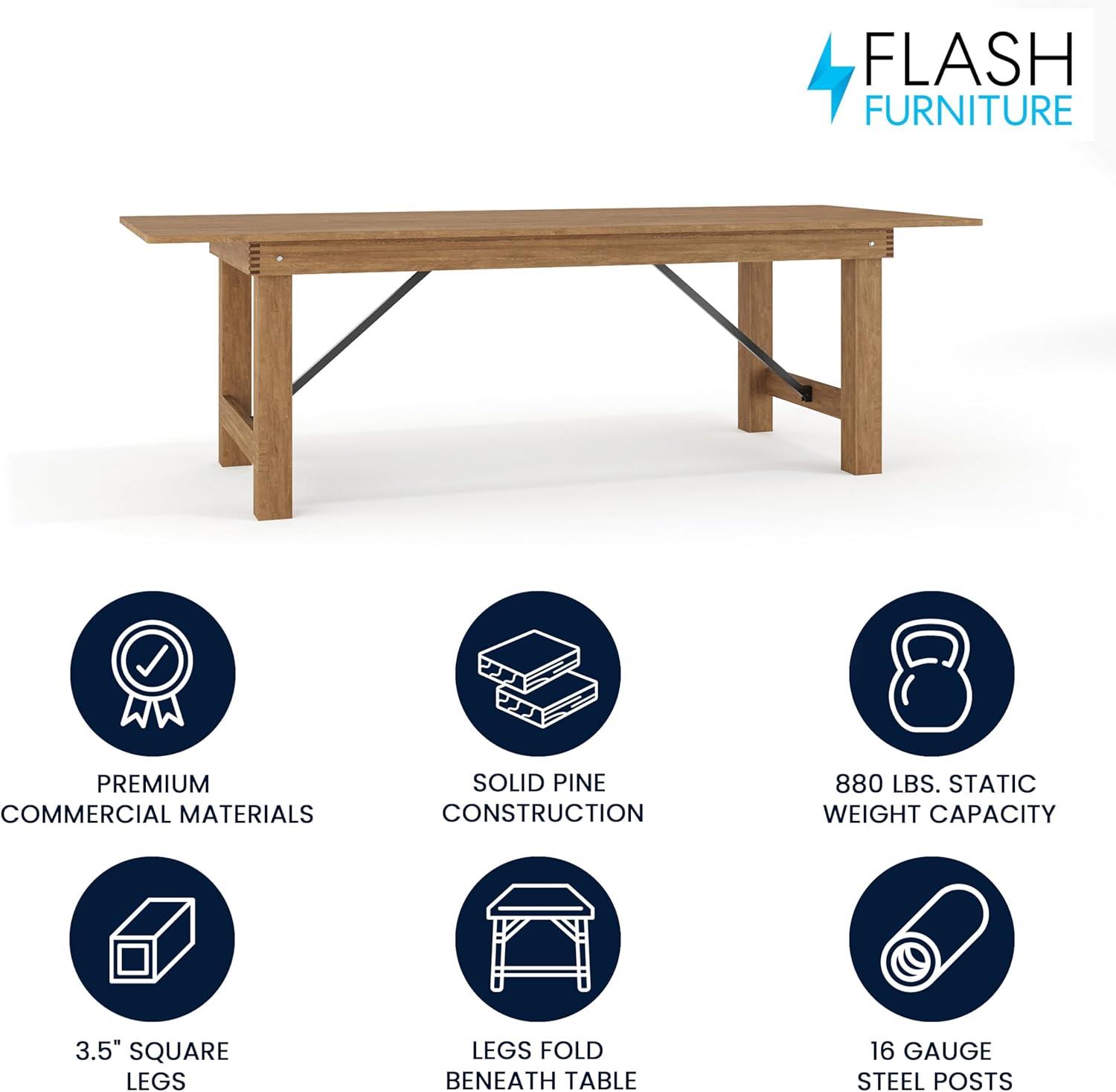 Flash Furniture Hercules Series 8' x 40" Rectangular Rustic Solid Pine Folding Dining Table