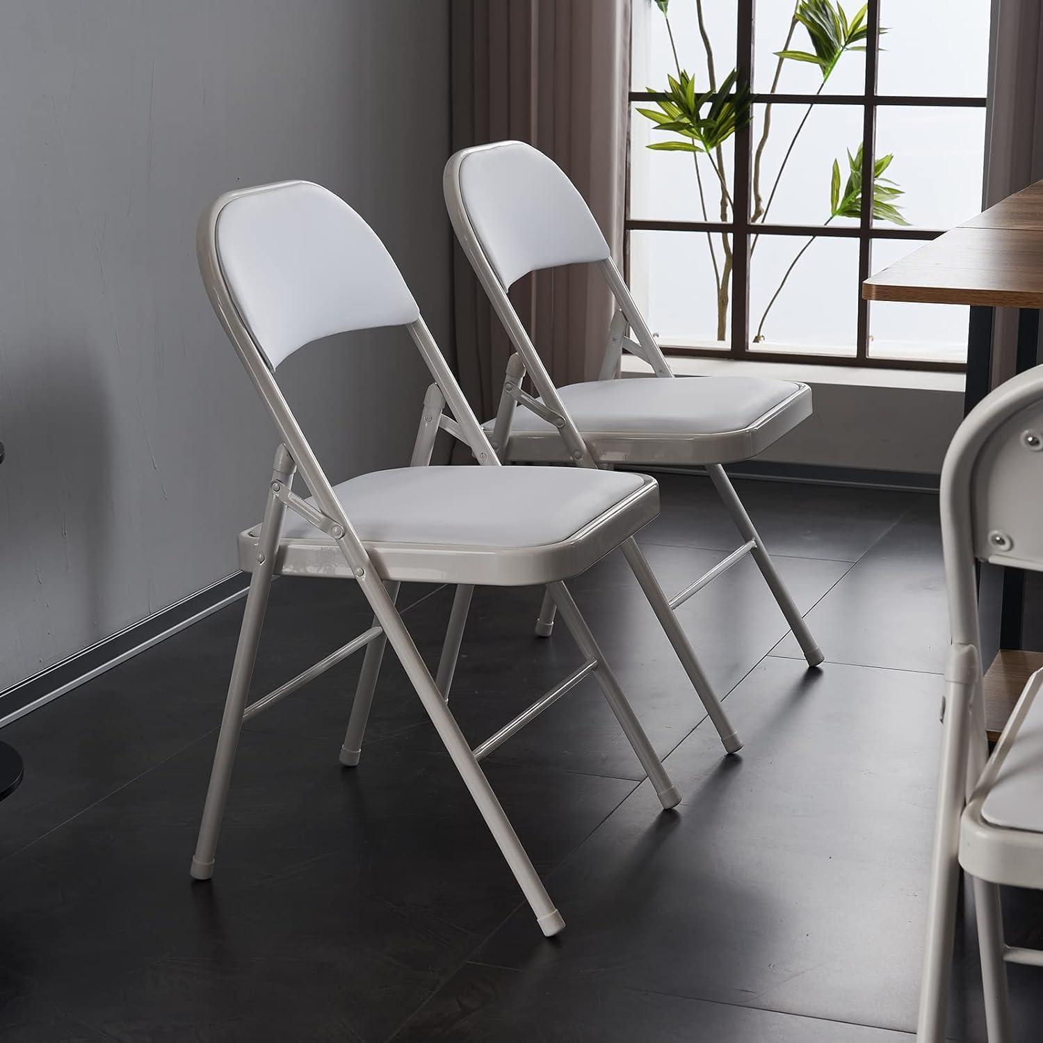 Simpli Magic Padded Folding Chairs White Metal Folding Chairs with Padded Cushion and Back, 4 Pack