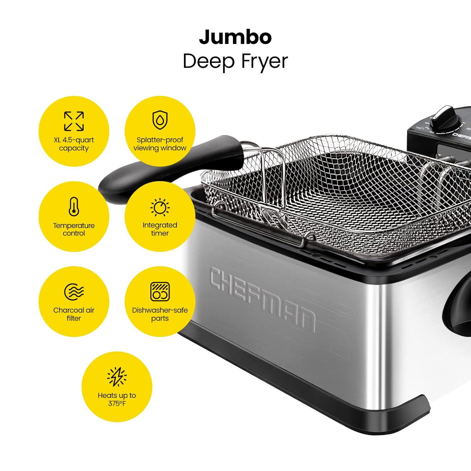 Chefman 4.5L Deep Fryer, XL Capacity, Adjustable Temperature & Timer - Stainless Steel, New