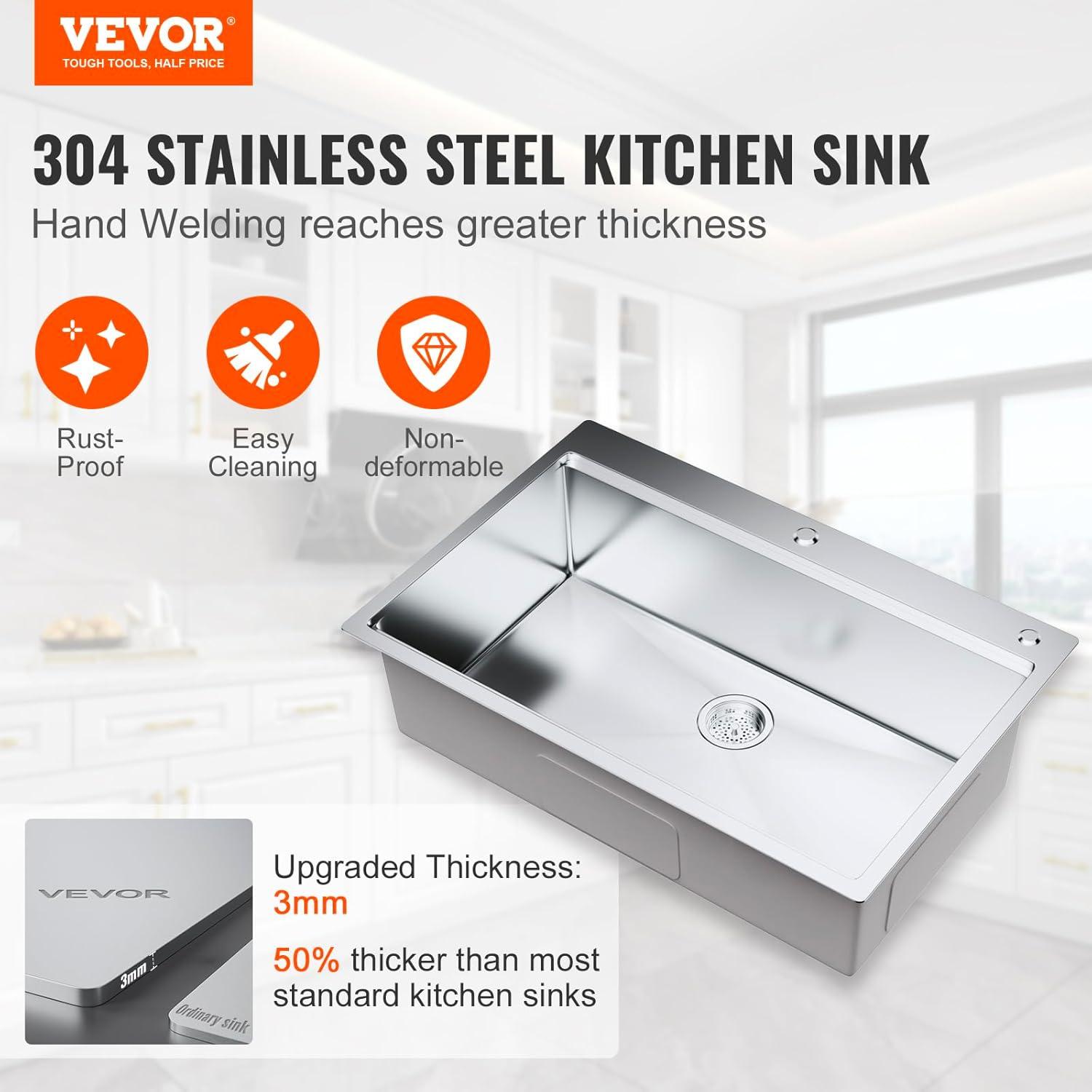 33'' L Flush Single Bowl Stainless Steel Kitchen Sink