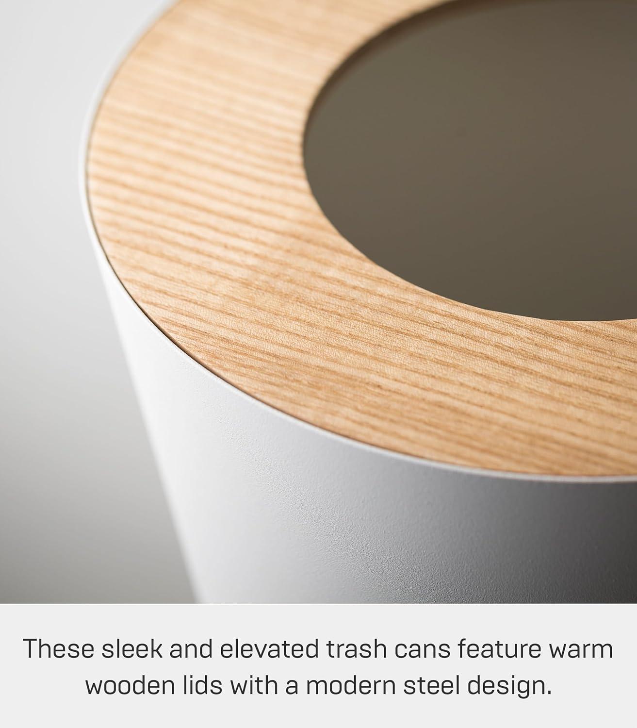 Rin Yamazaki Home Round Trash Can, 1.85 gallon Wastebasket Bathroom Kitchen Office, Steel + Wood