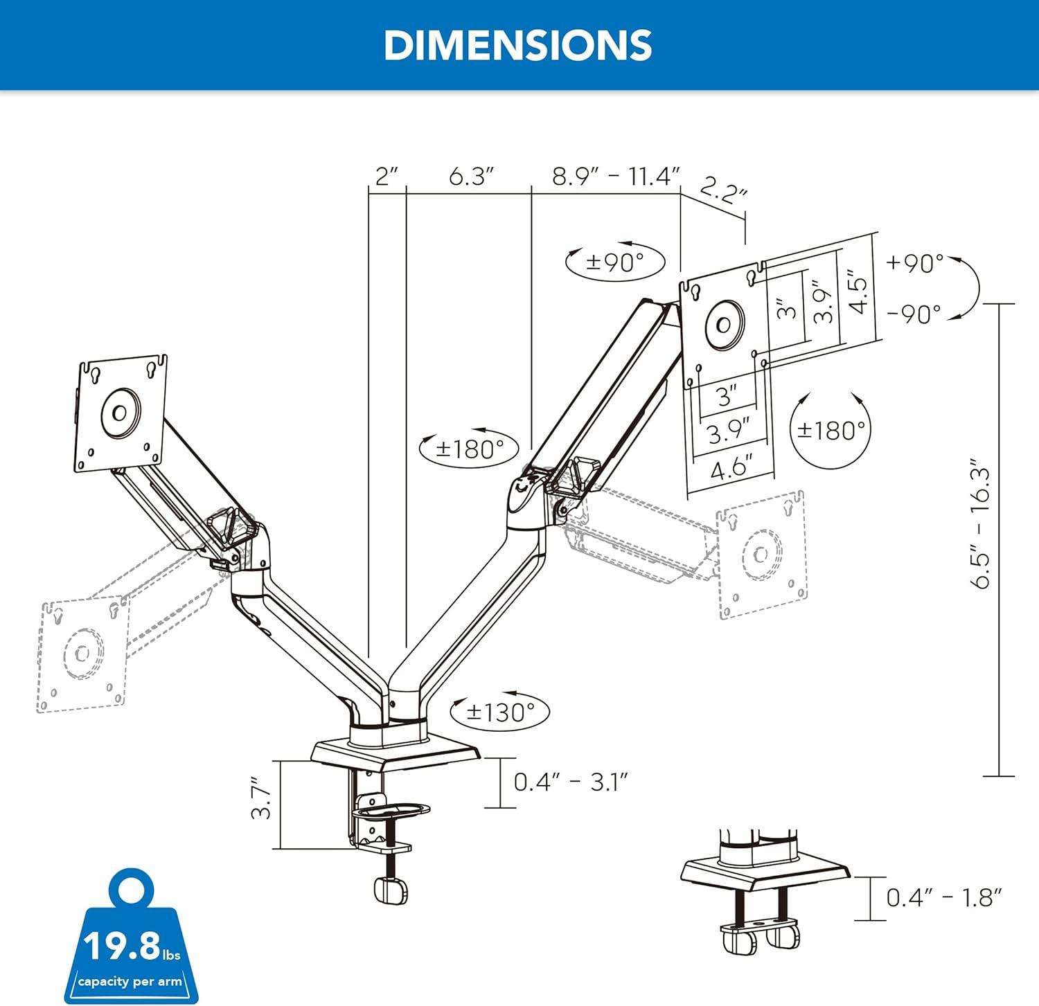 Mount-It! Full Motion Dual Monitor Mount with Spring Arms, 17 in. to 32 in. with Tilt, Rotation, Swivel, Height Adjustment, Clamp or Grommet, Black