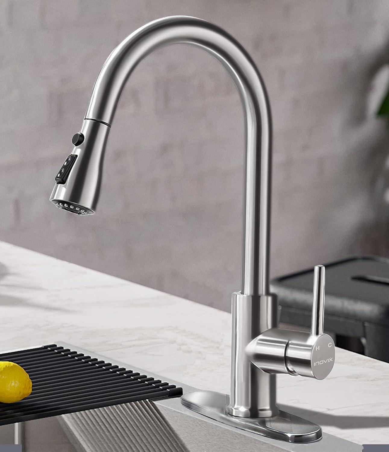 Kitchen Faucets Brushed Nickel Kitchen Faucet with Pull Down Sprayer High Arc Pull Out Kitchen Faucet Stainless Steel Kitchen Sink Faucets 1 or 3 Hole for Farmhouse Laundry Rv Bar Camper Home
