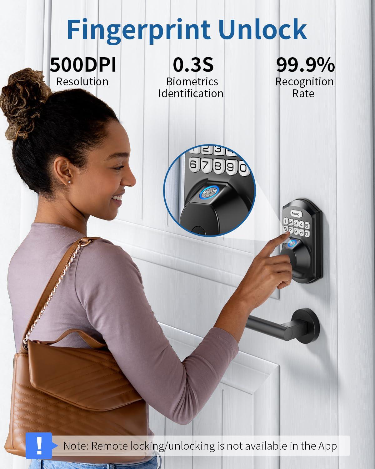 TEEHO Fingerpint smart lock, Keyless Entry Door Lock,  Digital Deadbolt Lock for Front Doors, Remotely Share PIN Code, Easy Installation-Matte  Black
