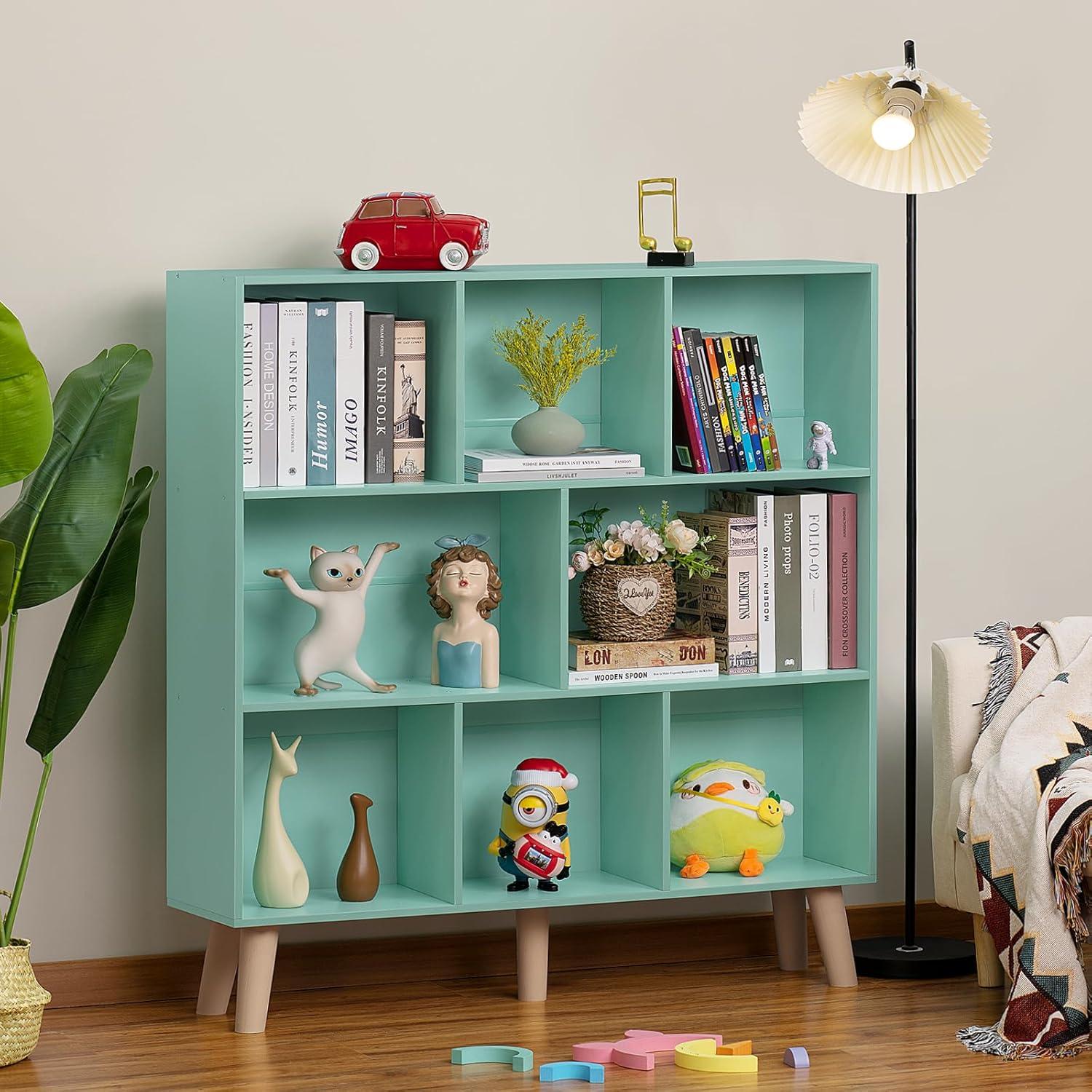 Satiny 7 Cube Bookshelf 3-Tier Bookcase with Legs, Mint-Green Kids Book Shelf Cute Storage Organizer, Toy Shelves Bookshelves,Wood Display Bookcases