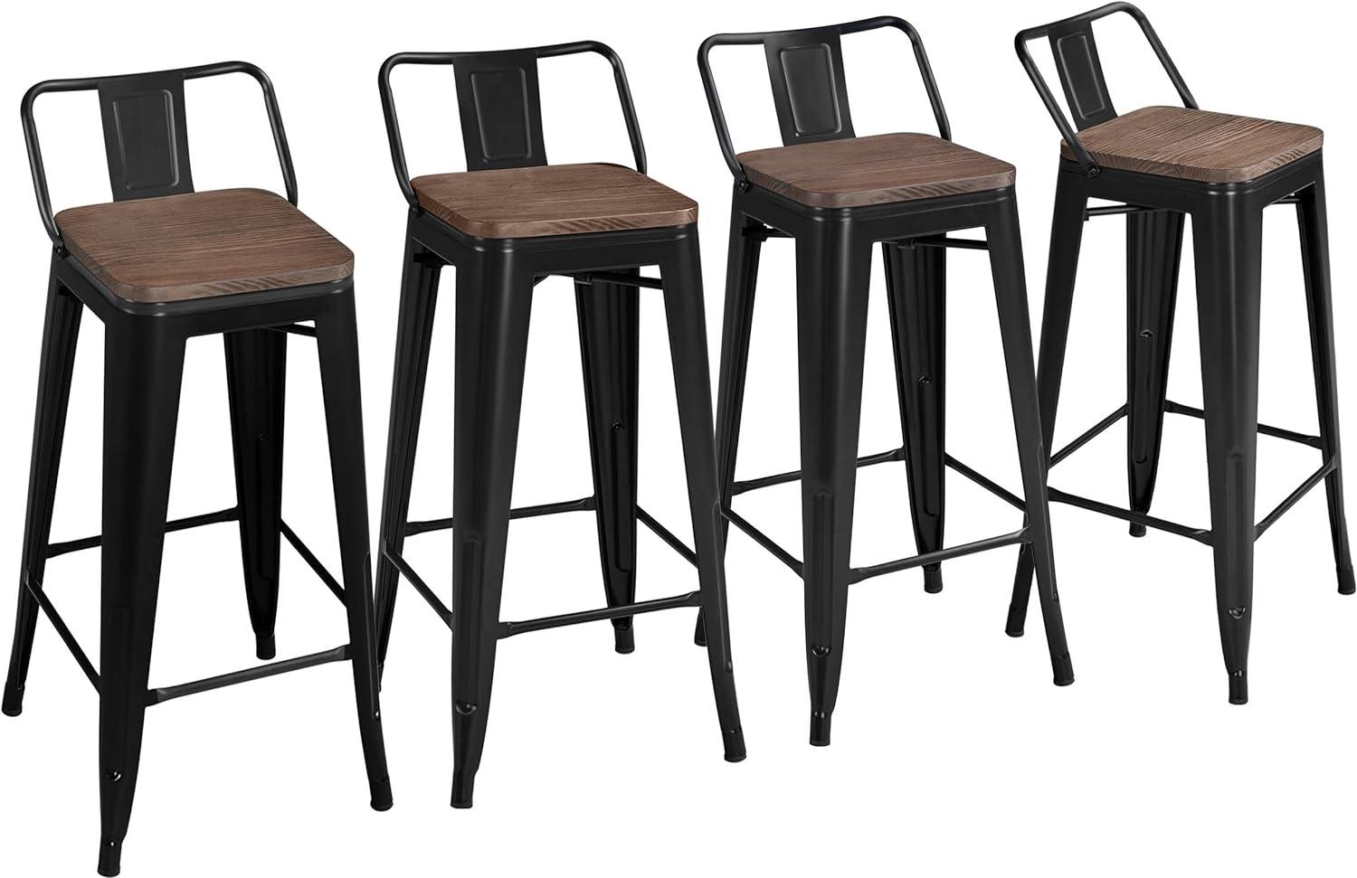 Killeryuki 24'' Metal Bar Stool 4PCS Low Back Conuter Stools for Indoor/Outdoor Barstools Metal Black Stools Bar Chairs w/Wooden Seat Metal Leg Industrial Counter Height Stools Black