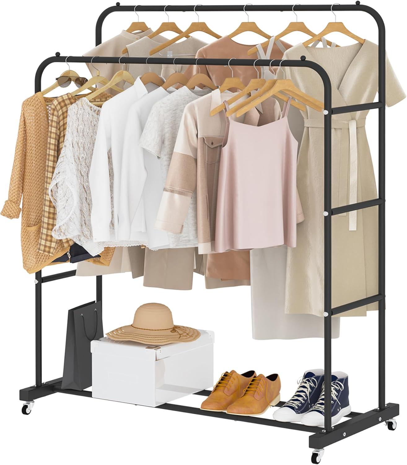 Black Double Rods Portable Clothing Rack with Wheels