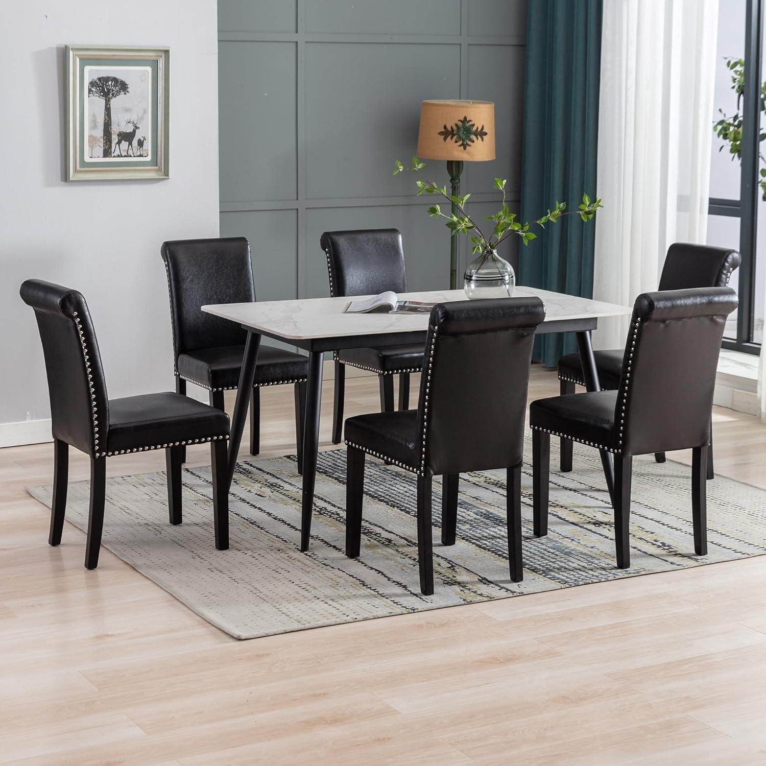 Westice Dining Room Chairs Set of 6 Upholstered PU Leather Kitchen Chairs Dining Room Side Chair with Nailhead Trim and Rubber Wood Legs for Small Space Apartment, Brown