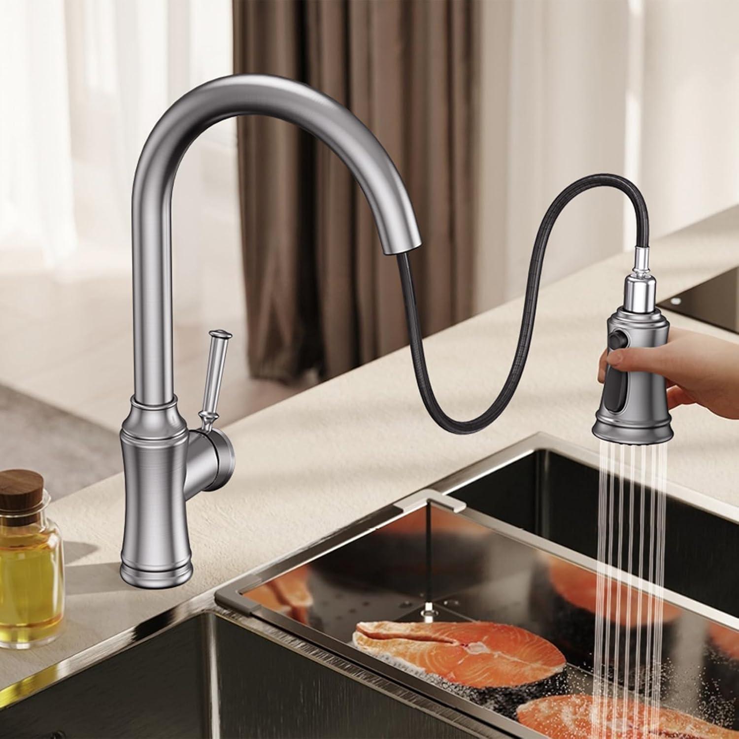 Kitchen Faucets with Pull Down Sprayer, Brushed Nickel Kitchen Faucets 1/3 Hole, Single Handle High Arc Stainless Steel Kitchen Sink Faucet with Sprayer for Laundry Farmhouse Bar