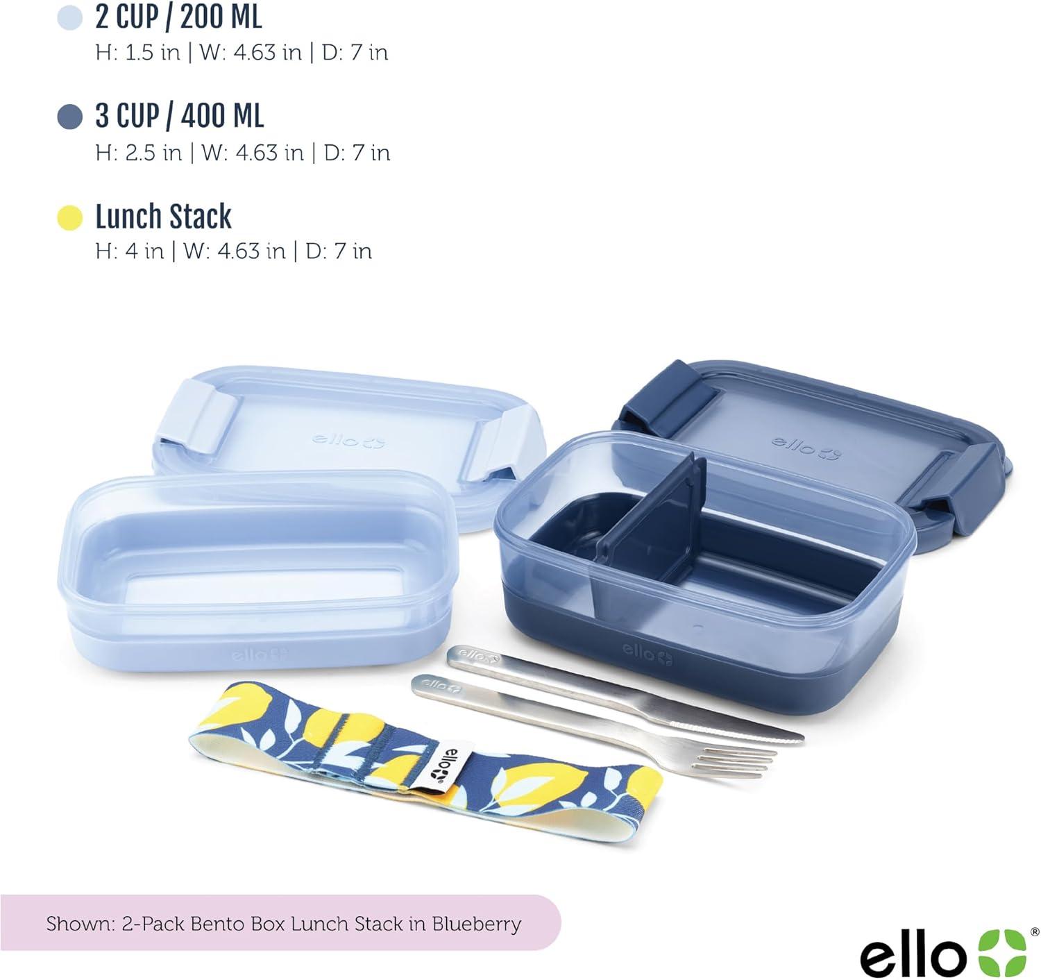 Ello 2pk Plastic Lunch Stack Food Storage Container Blue: Freezer, Dishwasher & Microwave Safe, Includes Utensils & Strap